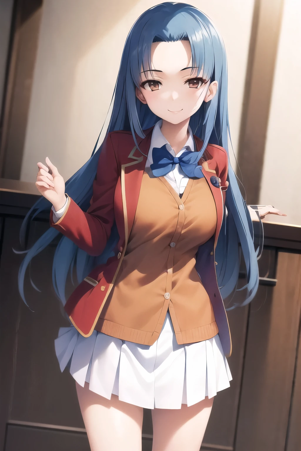 masterpiece, best quality, highres, 1girl haruka hasebe blue hair, school uniform white skirt white skirt red jacket orange vest blue bowtie hands in pockets, smile