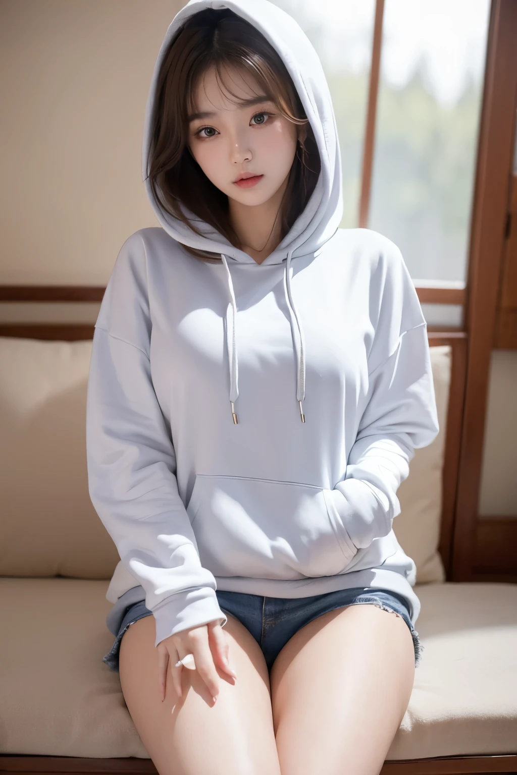 (((masterpiece))),(((high resolution)))、(((8K)))、(((perfect face)))、(((Korean beautiful girl)))、(((A hoodie that covers your thighs)))、big breasts、Plump、embarrassed expression、looking at the camera、NSFW