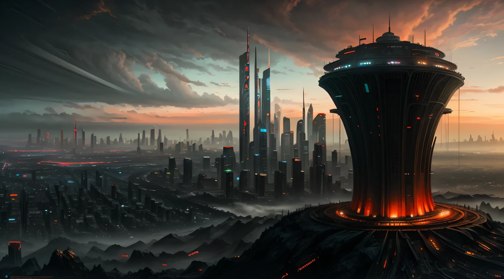 The painting depicts a surreal and futuristic landscape, A blend of awe-inspiring beauty and terror. The sky is deep, Pulsed red, The clouds seem to be alive，On the move. In the distance, Great city view view, towering skyscrapers, Neon lights, and a row of buildings. The city is illuminated by various colors and displays, Adds an overall feeling of awe and wonder.

Sin embargo, There is also a sense of horror in the picture. Buildings and structures appear to be in a state of decay and disrepair, Broken windows, Missing parts, and cracked facades. The city is vibrant, But there is a sense of confusion and unease, It seems that something is wrong.

In the foreground, There is a huge one, Sentient beings, With a distorted and inhuman appearance. Presence consists of wires, circuit, and mechanical parts, It seems to be coming out of the ground, As if rising from the depths of the earth. Its eyes glow with an intense, Red light, Its mouth opened, Rows of sharp sharpness are revealed, Metal teeth.

The background is shrouded in darkness, Only a few, Dim lights are visible in the distance. There is a sense of the unknown and uncertainty, As if the world beyond the cityscape is vast and wild.

The painting captures the essence of a surreal and futuristic world, A blend of awe-inspiring beauty and terror. The images are visually stunning, It shows the world in new and unusual eyes, A mix of the familiar and the unknown.

High detail RAW color art, animation, Cartoon, (white theme), (intricately details, Fine details, ultra - detailed), Ray traching, Subsurface scattering, ((pastel colour)), diffused soft lighting, Shallow depth of field, By (Oliver Wetter), author：Stanley Kubrick, shot on a Canon EOS R5, 28mm lens, f/2.8, Sharp focus bokeh