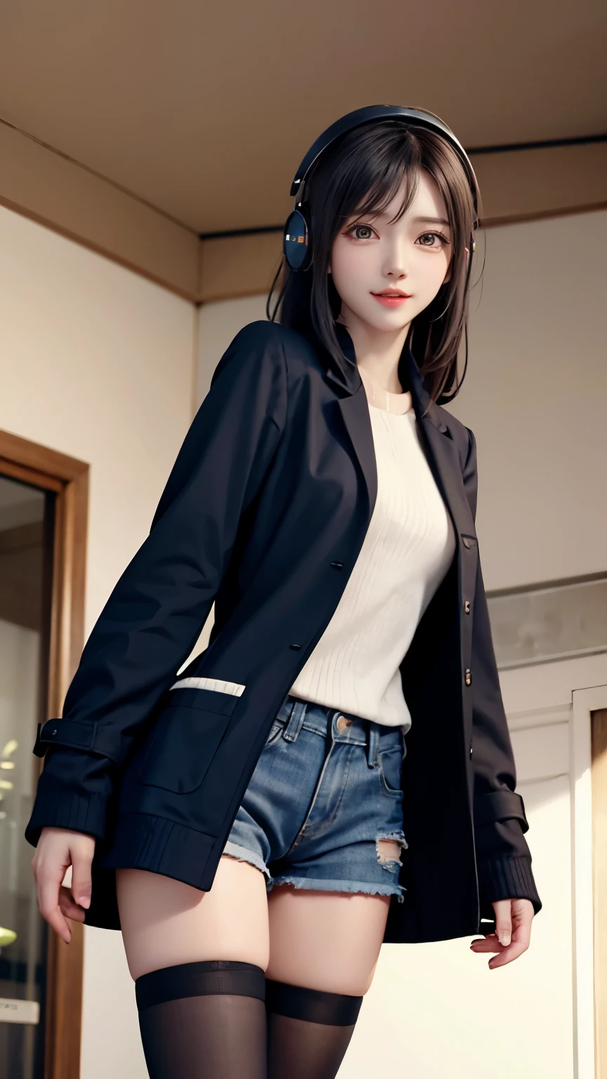 Carrot、Supermodel、perfect shape、Muchimuchi、Three girls are looking at the viewer、 3 girls、、Thighhighs、beautiful feet、hot pants、coat、cyber punk、headphone、gentle smile、Seen by girls from below、Innocent face