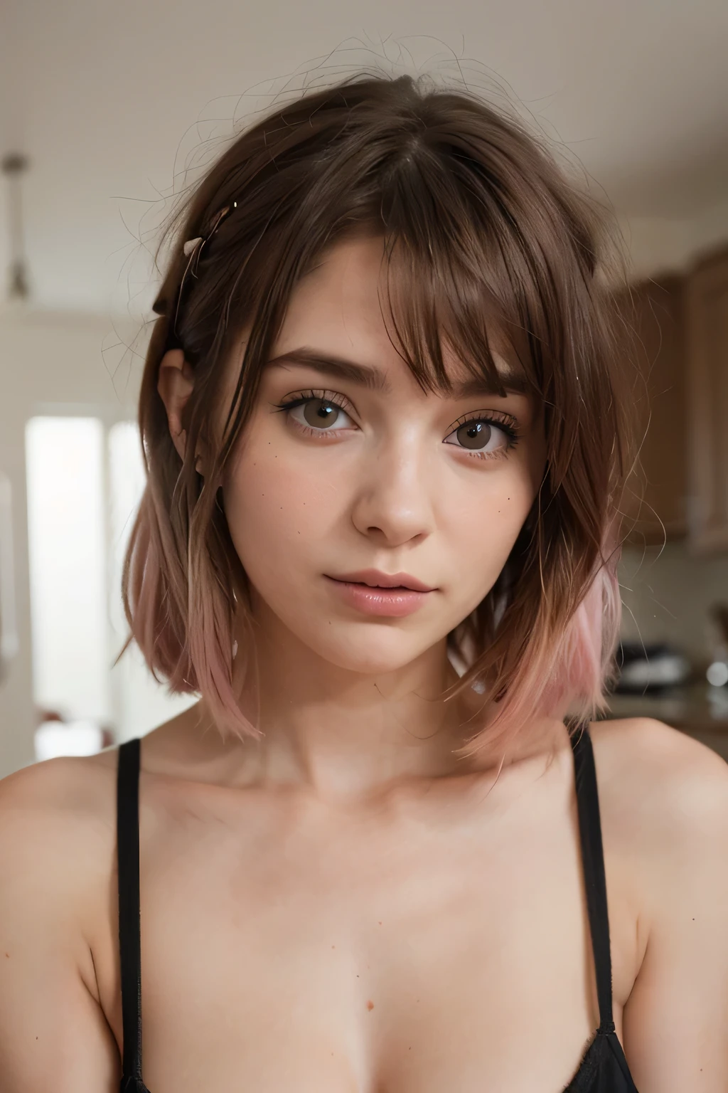 Captura la esencia de una escena cautivadora: where a beautiful 20 year old woman, of small stature, con el cabello corto adornado con puntas color rosa. Esta toma en primer plano ofrece una vista hipnotizante de ella, evoking the aesthetics of celebrities such as Lily Collins and Ana de Armas, conocidas por sus distintivos peinados rosados. Su cabello, a fusion of bright and pastel tones, cae alrededor de ella, en mexico
