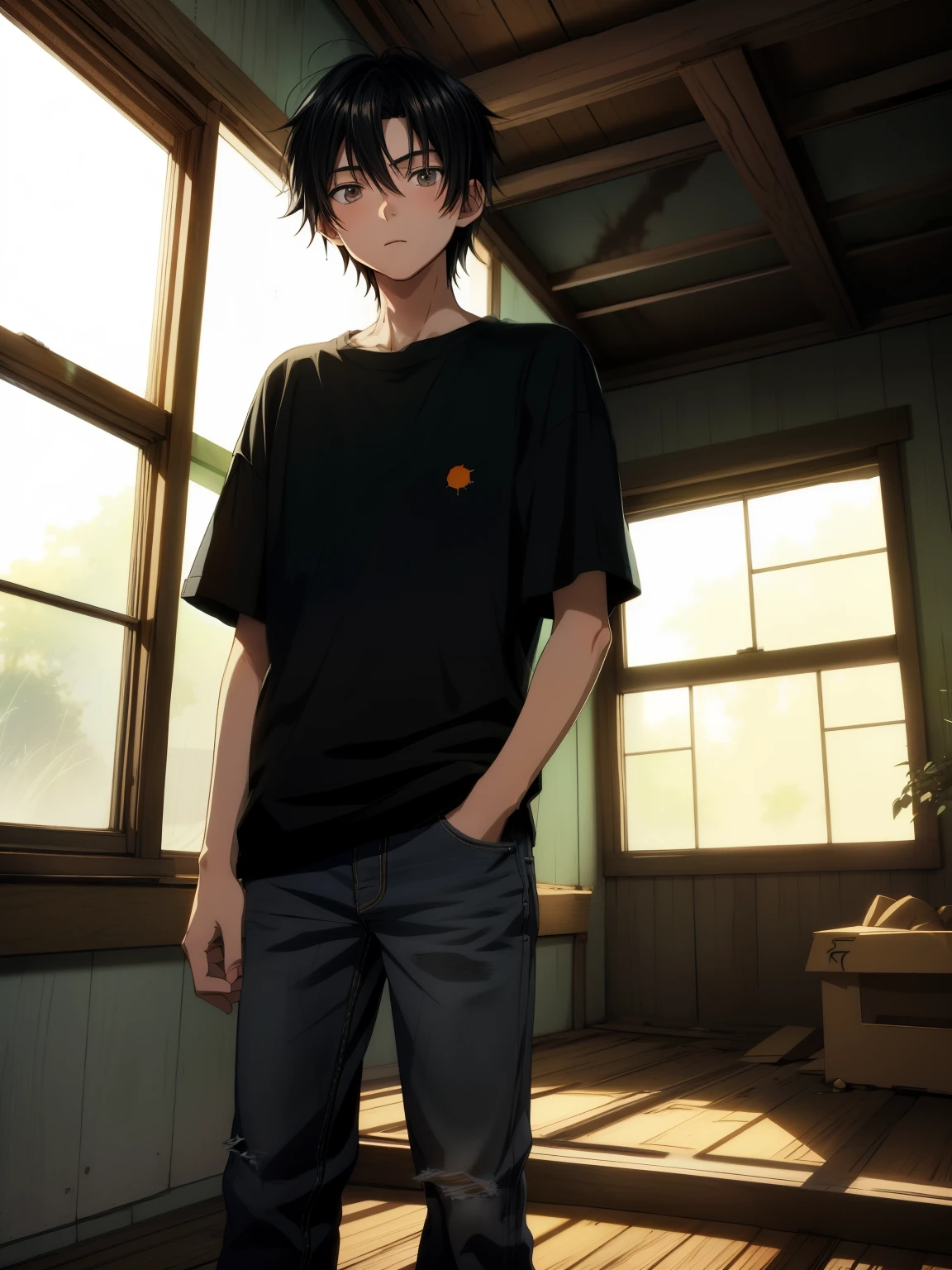 anime style, boy, black hair, short hair, grayt long shirt, jeans, shy, timid, abandoned house, twilight, standing, window, wooden floor, boxes, shelves, misterious, orange light, from below, detailed face, looking away, close shot