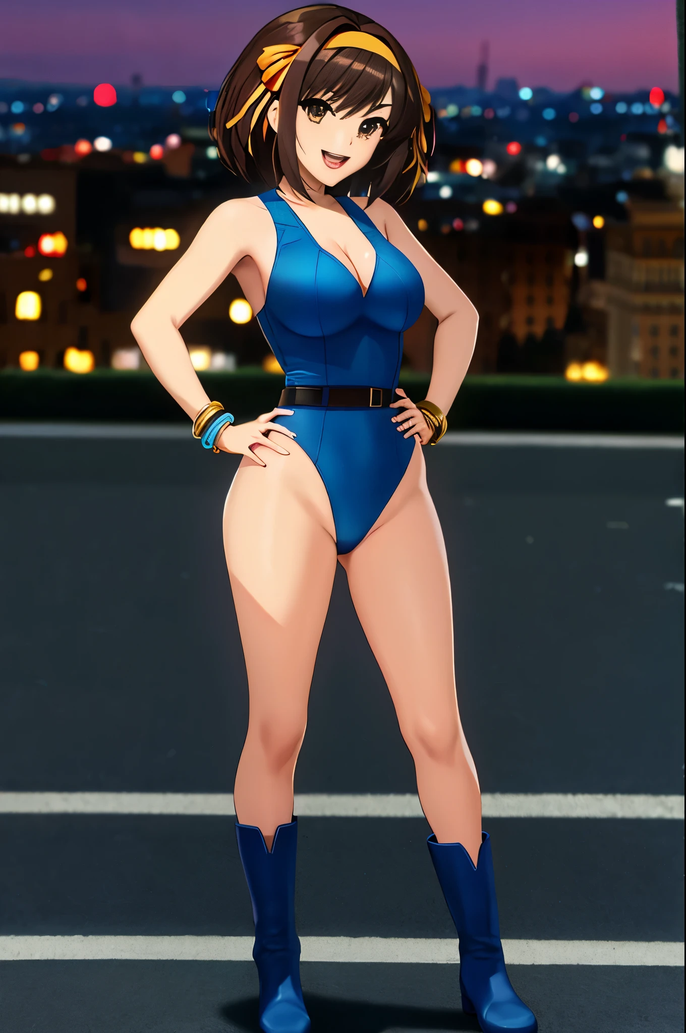 masterpiece, best quality, highres, 1girl, solo, solo focus, superhero, leotard, blue leotard with white accents, bare legs, tight belt, boots, matching boots, blue boots, medium breasts, bracelets, full body shot, cowboy shot, standing, smile, haruhi, looking_at_viewer, smile, short_hair, open_mouth, bangs, brown_hair, ribbon, cleavage, brown_eyes, hair_ribbon, :d, hairband, medium_hair, v-shaped_eyebrows, orange_hairband, city backdrop, sleeveless, hands on hip