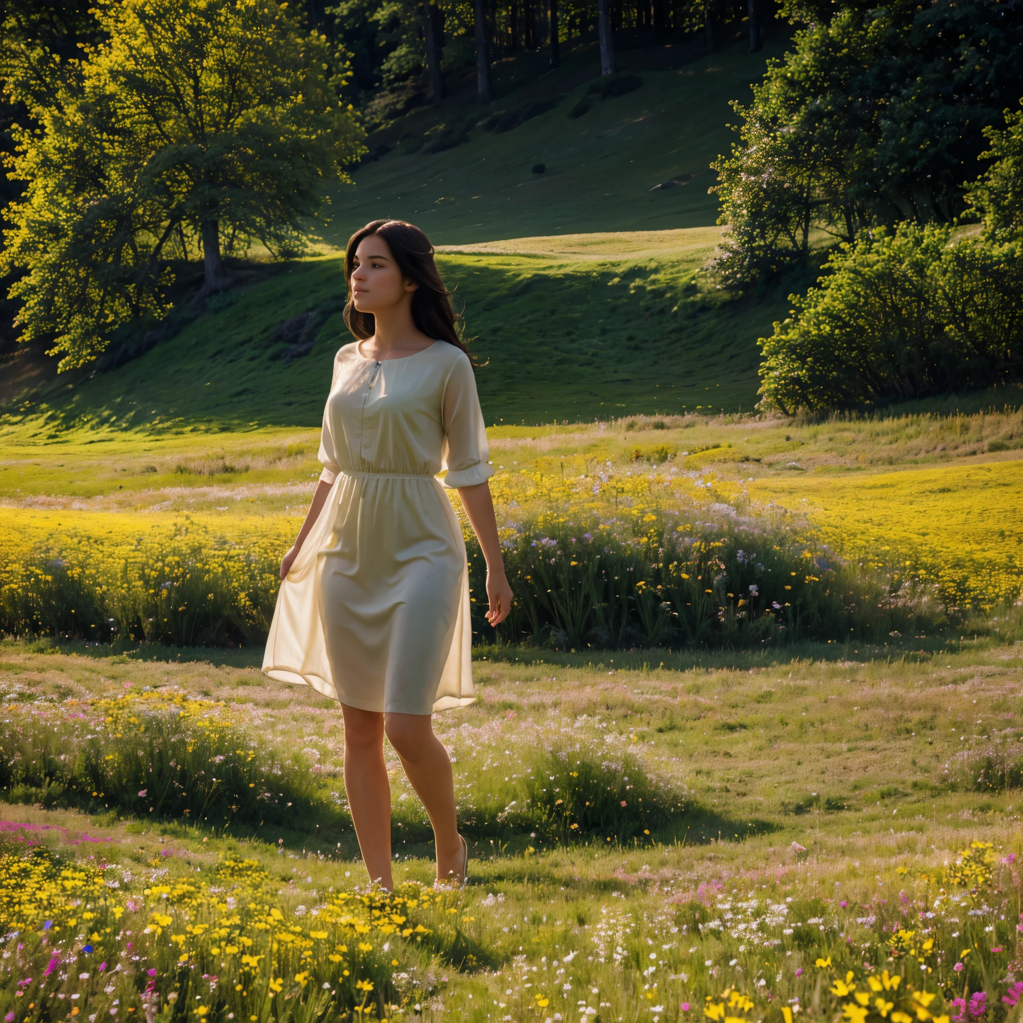 Capture the essence of beauty in this scene: A radiant girl standing in a sun-kissed meadow, surrounded by vibrant wildflowers and a gentle breeze playing with her flowing hair. Render her with meticulous attention to detail, emphasizing the soft, natural lighting that enhances her features. Create a magical atmosphere with a warm color palette, and let the sunlight create a soft glow around her. Consider a 3D render with the finesse of photorealism, employing HDR techniques to make the colors come alive. Frame the composition in a 16:9 aspect ratio for visual appeal. This image should radiate both the grace of the girl and the enchantment of the serene meadow.