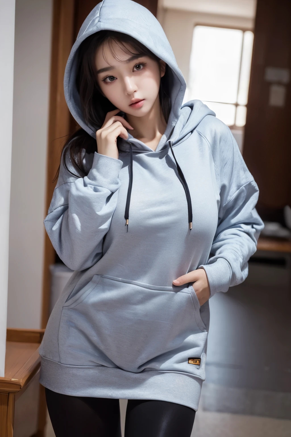 (((masterpiece))),(((high resolution)))、(((8K)))、(((perfect face)))、(((Korean beautiful girl)))、(((hoodie)))、(((tights)))、big breasts、Plump、embarrassed expression、looking at the camera、NSFW