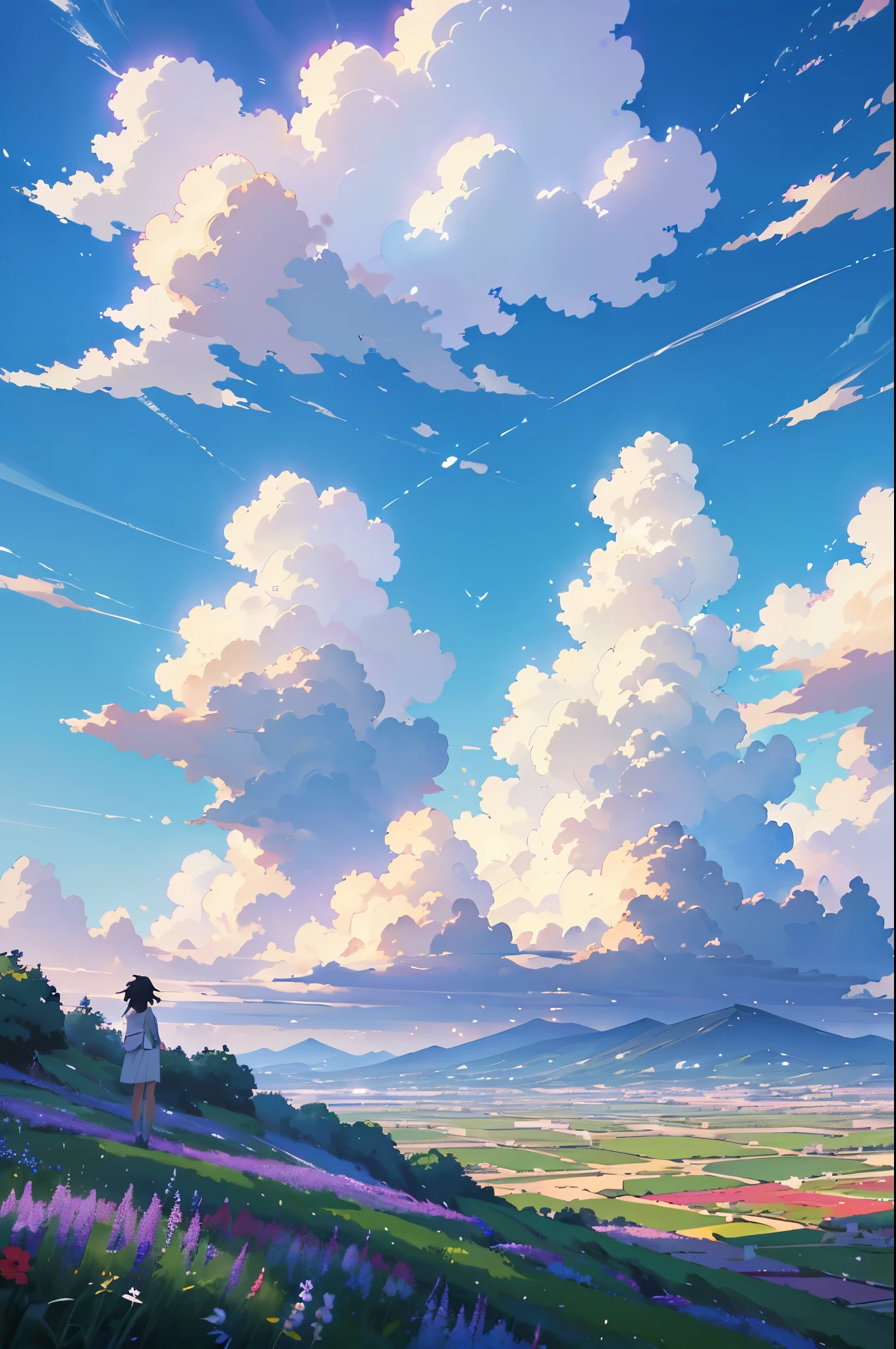 Anime - style scene of a flower fields with beautiful blue sky and white cloud. by makoto shinkai, anime art wallpaper 4k, anime art wallpaper 4 k, anime art wallpaper 8 k, anime wallpaper 4k, anime wallpaper 4 k, 4k anime wallpaper, anime sky, amazing wallpaper, anime background. Ghilbi Vibes ((best quality)), ((masterpiece)), (detailed)