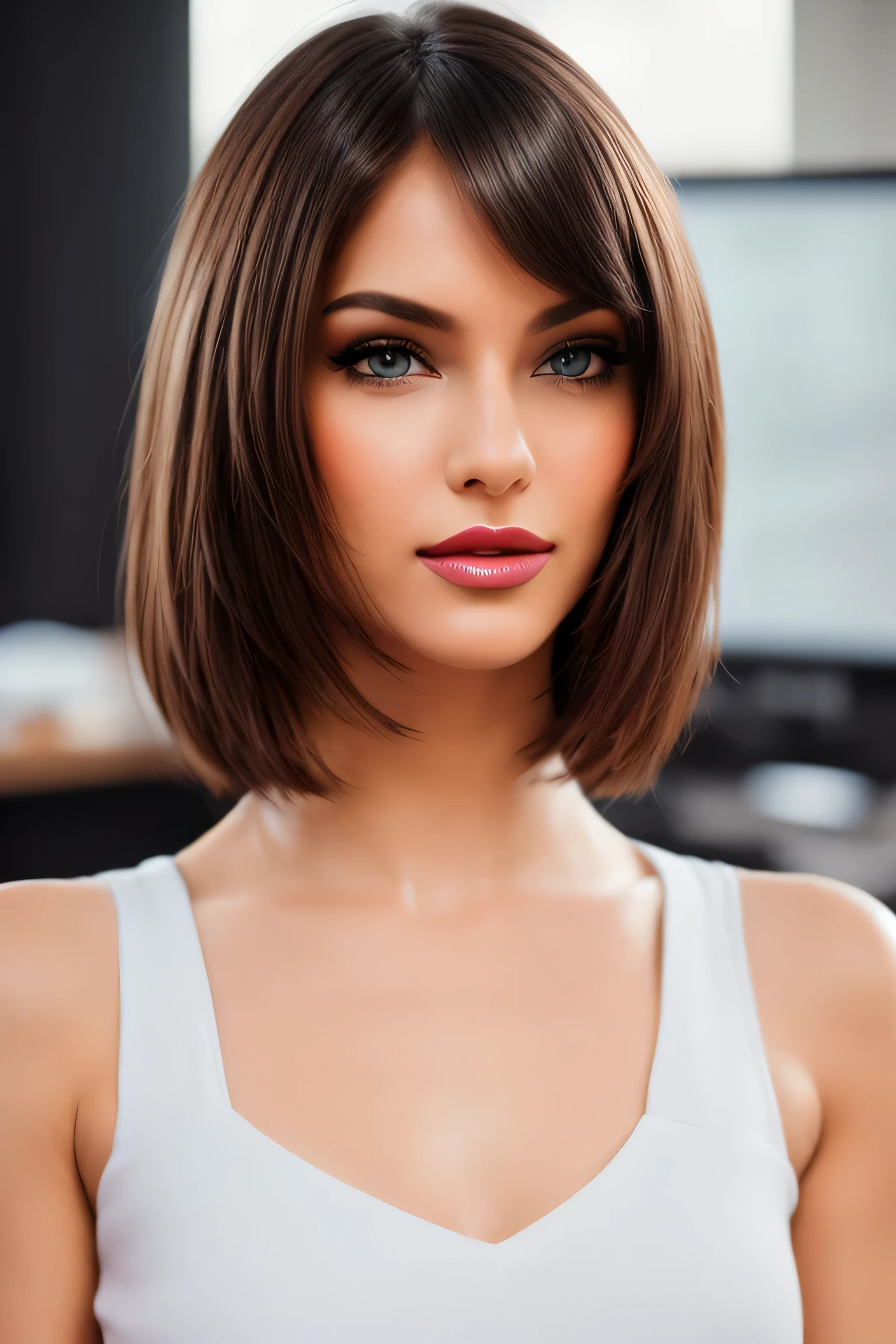 Best quality, PhotoRealistic, ultra detailed, finely detailed, high resolution, 8K wallpaper, Raw color photo, professional, High level of detail, (Model advertising a computer..). Beautiful 35 year old woman, (pale skin), (Masterpiece), (full body), (blue eyes), Realistic, happy face, (red lipstick), expressive smile, ((short shoulder length hair), (pink hair)), ((small breast, no cleavage)). white dress for woman, (Best quality,4k,8K,high resolution,Masterpiece:1.2),ultra detailed,(Realistic,photoRealistic,photoRealistic:1. 37),portrait, Tailored suit for ladies,professional setting,confident expression,stylish haircut,Office environment,modern office building,stunning architecture,elegant pose,executive woman,high heels,spacious and bright office,sharp focus,women working together,polished look,neutral color palette,soft natural lighting,clean and minimalist design,important business meeting, Intricate patterns on suit, well groomed hairstyle,Desk with computer and paperwork,air of authority,successful and accomplished women,award winning photo, (Face to face), (Look at viewers), small light, low contrast, facial symmetry, depth of fields, cinematic background, central image, softly lit, (finely detailed skin), Realistic skin texture, extreme skin details, (pores: 0. 1), small bust with good shape