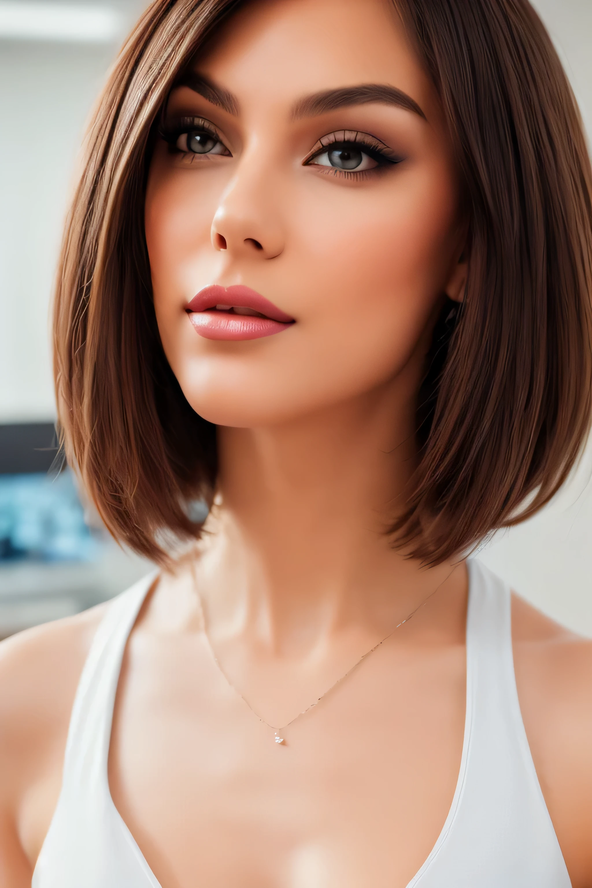 Best quality, PhotoRealistic, ultra detailed, finely detailed, high resolution, 8K wallpaper, Raw color photo, professional, High level of detail, (Model advertising a computer..). Beautiful 35 year old woman, (pale skin), (Masterpiece), (full body), (blue eyes), Realistic, happy face, (red lipstick), expressive smile, ((short shoulder length hair), (pink hair)), ((small breast, no cleavage)). white dress for woman, (Best quality,4k,8K,high resolution,Masterpiece:1.2),ultra detailed,(Realistic,photoRealistic,photoRealistic:1. 37),portrait, Tailored suit for ladies,professional setting,confident expression,stylish haircut,Office environment,modern office building,stunning architecture,elegant pose,executive woman,high heels,spacious and bright office,sharp focus,women working together,polished look,neutral color palette,soft natural lighting,clean and minimalist design,important business meeting, Intricate patterns on suit, well groomed hairstyle,Desk with computer and paperwork,air of authority,successful and accomplished women,award winning photo, (Face to face), (Look at viewers), small light, low contrast, facial symmetry, depth of fields, cinematic background, central image, softly lit, (finely detailed skin), Realistic skin texture, extreme skin details, (pores: 0. 1), small bust with good shape