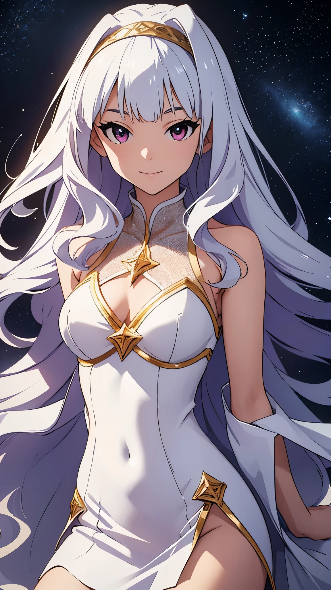 CG, unity, 8k, wallpaper, highest quality, masterpiece, lovely woman, 18-year-old, white hair, white skin BREAK (white onepiece dress, barefoot), best lighting, complex pupils, complex textile, detailed background, Constellations are formed in the background, in cosmic space, stars, intricately details, rendering by octane, Ultra photo realsisim , rendering by octane, uplit ,dream art, cinematic