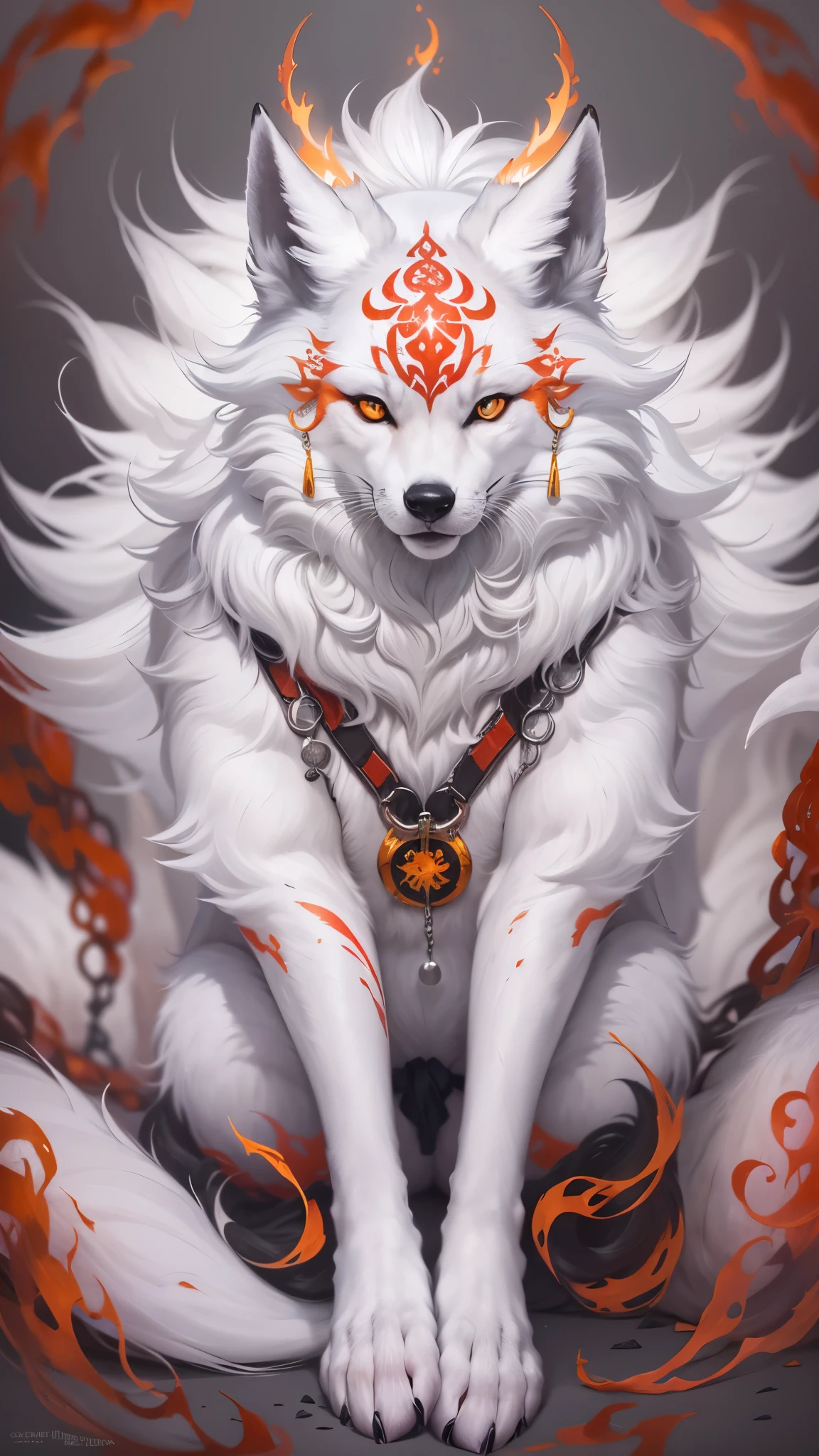 The legendary nine-tailed white fox, looking directly at the viewer,White with some red tattoos