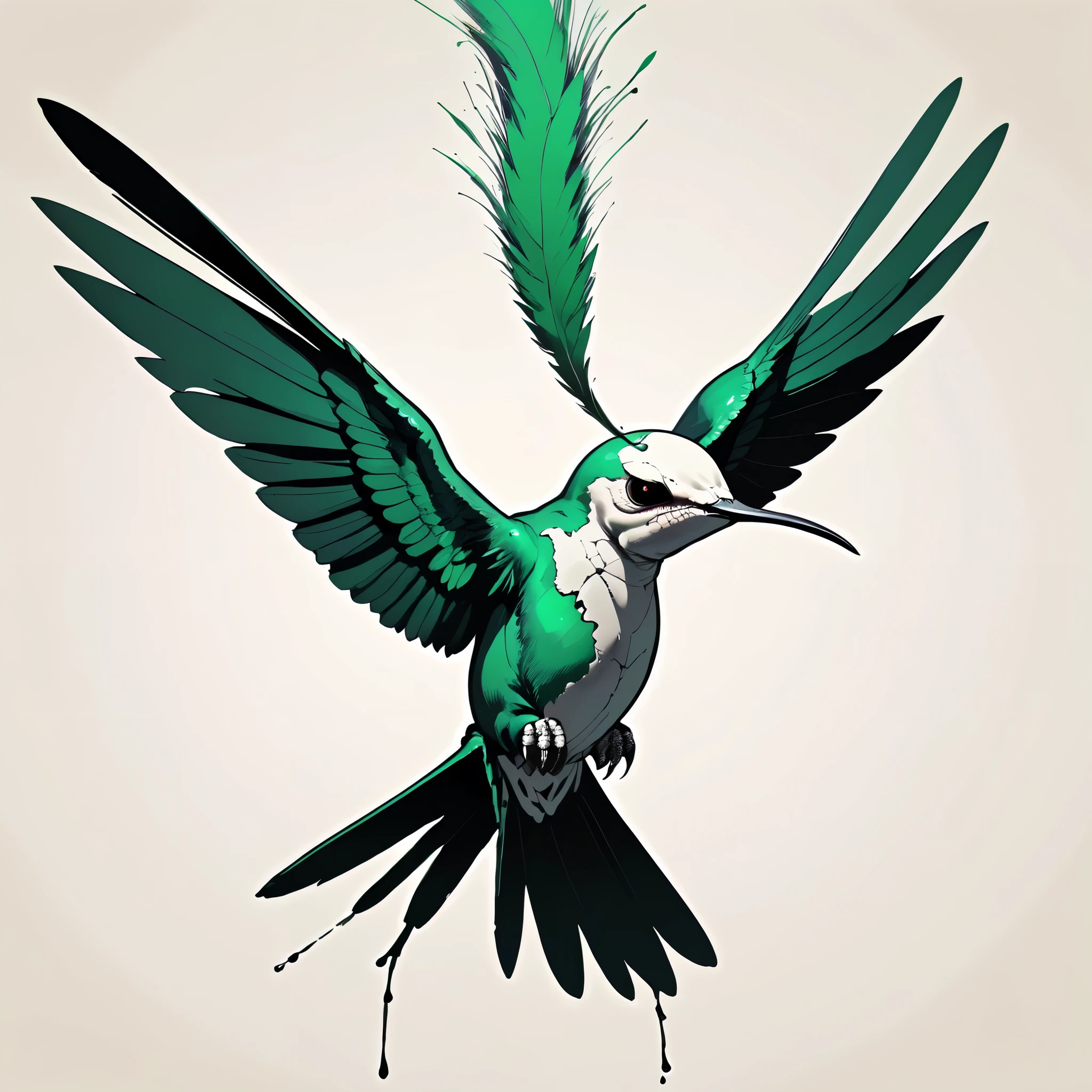 illustrate candid bird portrait, a skull hummingbird (in the style of skull butterfly), metallic green feathers with bone white skull hummingbird head, sinister unsettling unnatural aesthetics, bird horror, body horror, cerebral horror, visceral horror, cinematic poster, wordless single image, vintage horror film framing compositon aesthetics, dark horror film coloring, bleak, overwhelming dread, in flight, floating, moment in time, sense of movement and energy, expressive hyperrealism rotoscope hand drawn animated cel,