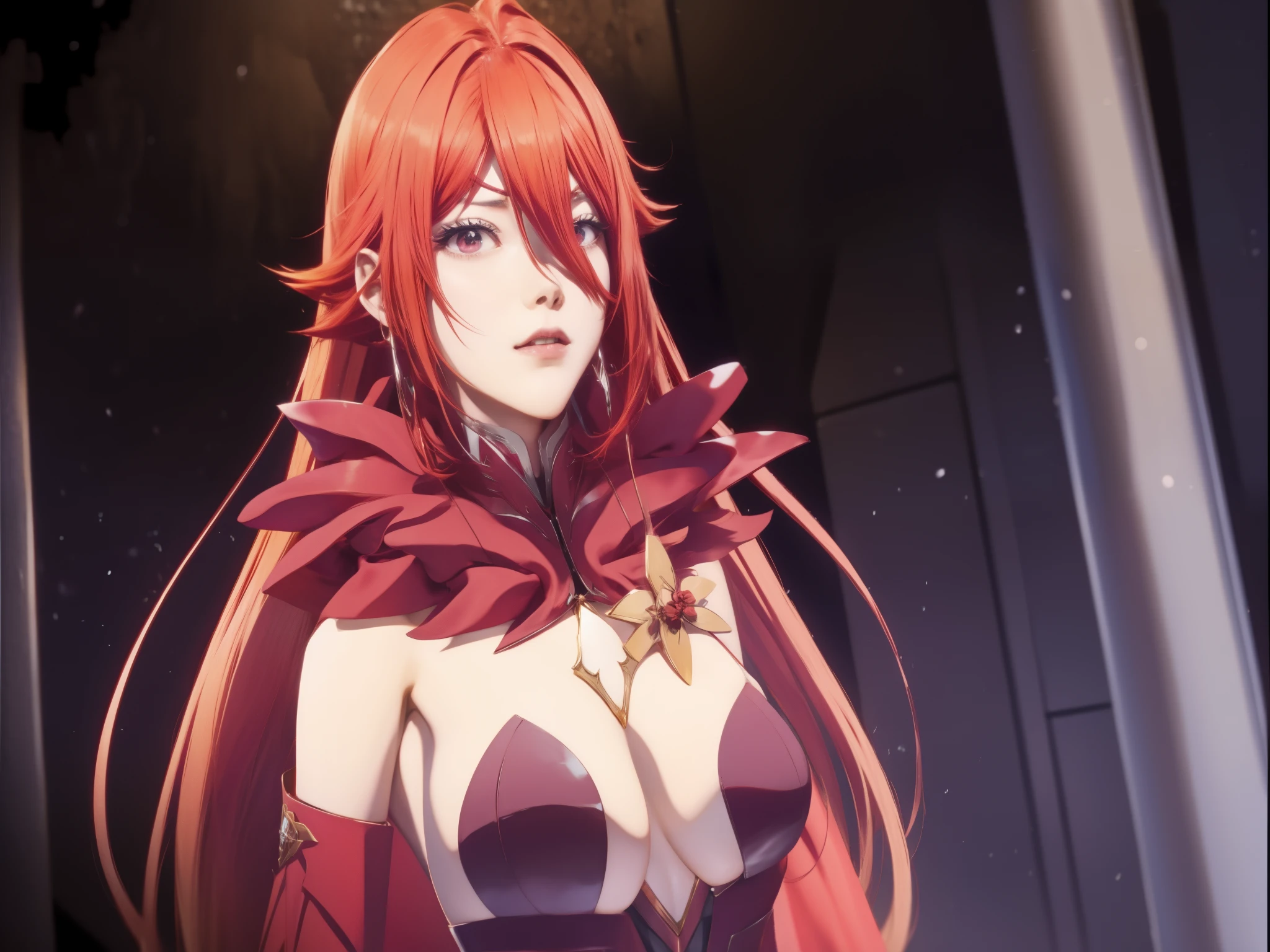 anime girl with long red hair and a red cape, ayaka genshin impact, ayaka game genshin impact, scales covering her chest, a very beautiful berserker woman, rias gremory, anime visual of a young woman, the queen of blades, macross delta, screenshot from the anime film, appears as the fire goddess