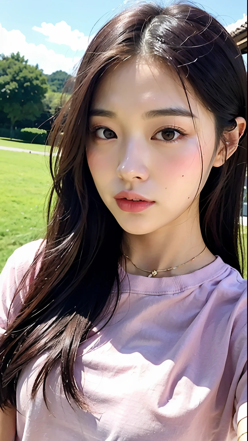 araffed asian woman with a pink shirt and a pink shirt, ulzzang, sakimichan, korean girl, xintong chen, beautiful south korean woman, gorgeous young korean woman, beautiful young korean woman, wan adorable korean face, young cute wan asian face, girl cute-fine-face, Yoshitomo Nara