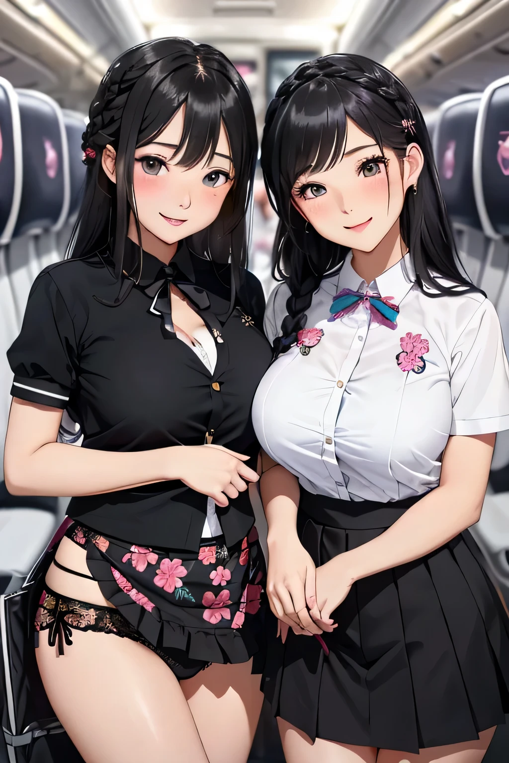 highest quality、High resolution、detailed background、beautiful and detailed face、beautiful and smooth skin、skin texture、Beautiful girl in her 20s、(two beautiful girls:1.5)、(huge breasts:1.3)、(with a happy expression on her face, She lifts up her skirt and shows me her panties.:1.5)、emphasize the chest、emphasize cleavage、pink and black floral embroidery bra、pink and black floral embroidery panties、braided hairstyles、(Inside the plane、in flight、flight attendant uniform)、Providing food and drinks、Accommodating special dietary requirements.、sexual expression、panty shot、cute、camel toe