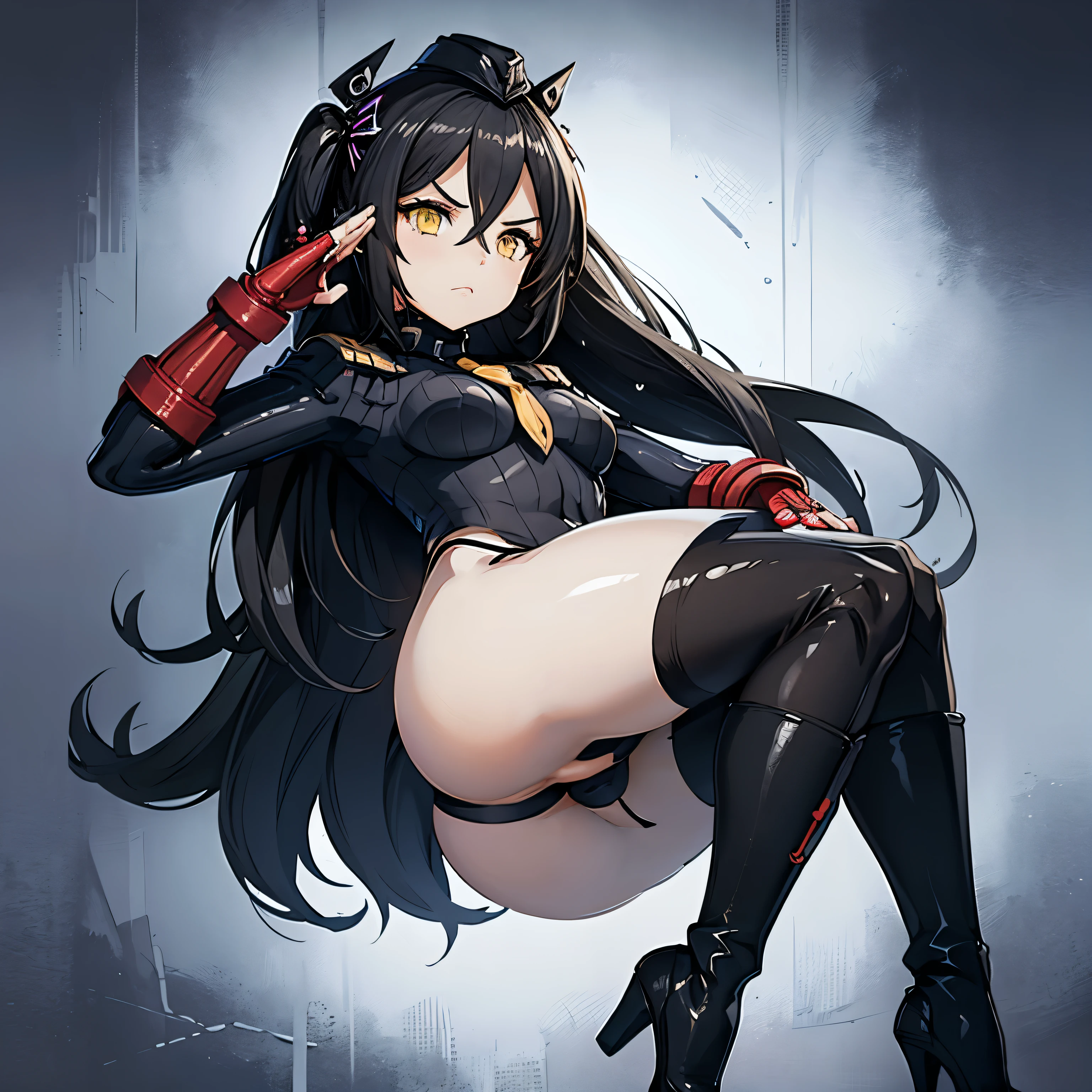 ultra-detailed, Explicit, Beautiful body, Beautiful Nose, Beautiful character design, perfect eyes, perfect face, ultra highres, 4K, beautiful legs, perfect legs, Nice hands, Perfect hand, Masterpiece, Best Quality, Highly detailed, illustration, absurdres, perfect anatomy, street fighter, doll suit, shadaloo doll, dollsuit, expressionless, blank eyes, looking at viewer, red gloves, emotionless, black latex, corrution, mind control, female combatant, full body, hypnotized, unhappy trance, full body suit, ribbed bodysuit, both arms at side, obey, perfect female body, extremely glossy latex, hypnosis, hypnoLora, empty eyes, Mind control device, poses, submissive_pose, Slave, lying down straight, lying down, lying down at attention, hat, necktie, belt, latex, ribbed bodysuit, thighhighs, garter belt, Fighting Stance, extending the right arm from the shoulder into the air with a straightened hand, military, thigh boots, black pantyhose, (((pixel-perfect, detail-perfect))), solo, 1girl, hair ornaments, long hair, black hair, hair ribbon, yellow eyes, Judge, Girls' Frontline, small breast, short, salute, saluting, military saluting