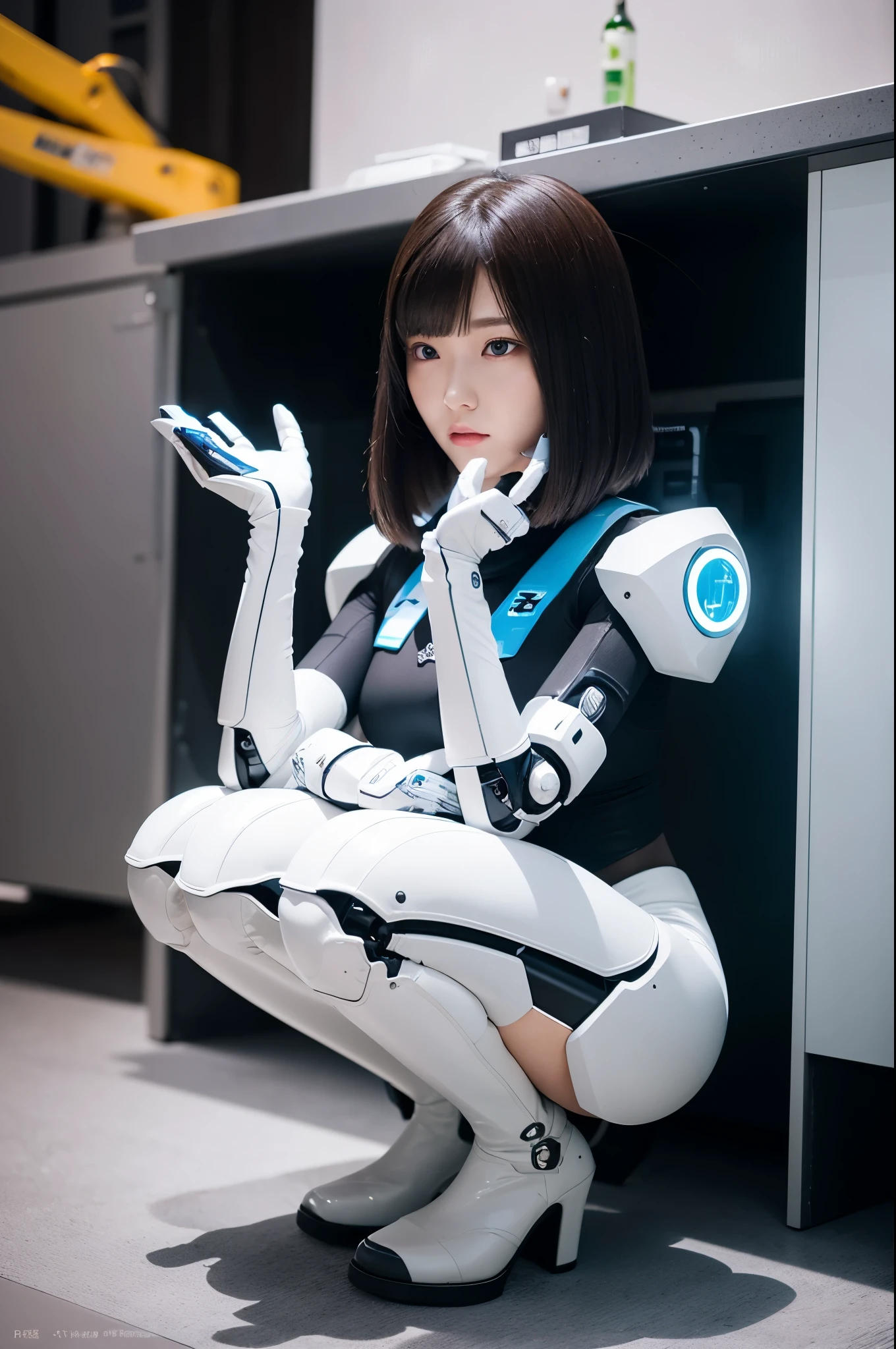 masterpiece, best quality, extremely detailed, Japanese android girl,Plump,control panels,Squat,Mechanical Hand,Robot arms and legs, black sponge joints,blunt bangs,white robot body,ceramic body,white long boots,perfect cyborg girl,charging spot,She is charging now,blue eyes