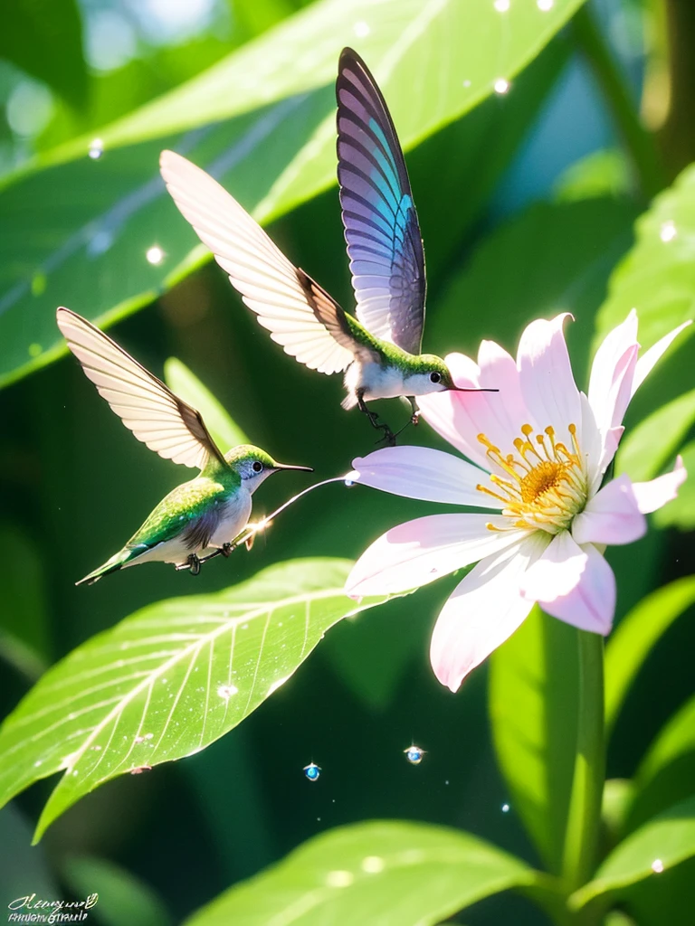 (a)hummingbird, (beautiful, vibrant) flowers, (delicate, detailed) feathers, (colorful, tropical) garden, (sunlight, shining through) leaves, (sparkling, crystal-clear) droplets of water on petals, (fast, graceful) flight, (long, slender) beak, (floral, sweet) fragrance, (buzzing, energetic) wings, (lush, green) foliage, (suspended, mid-air) hovering, (captivating, iridescent) colors, (tiny, agile) body, (exquisite, intricate) patterns, (nectar, sipping) from flowers, (nature's, aerial acrobat)