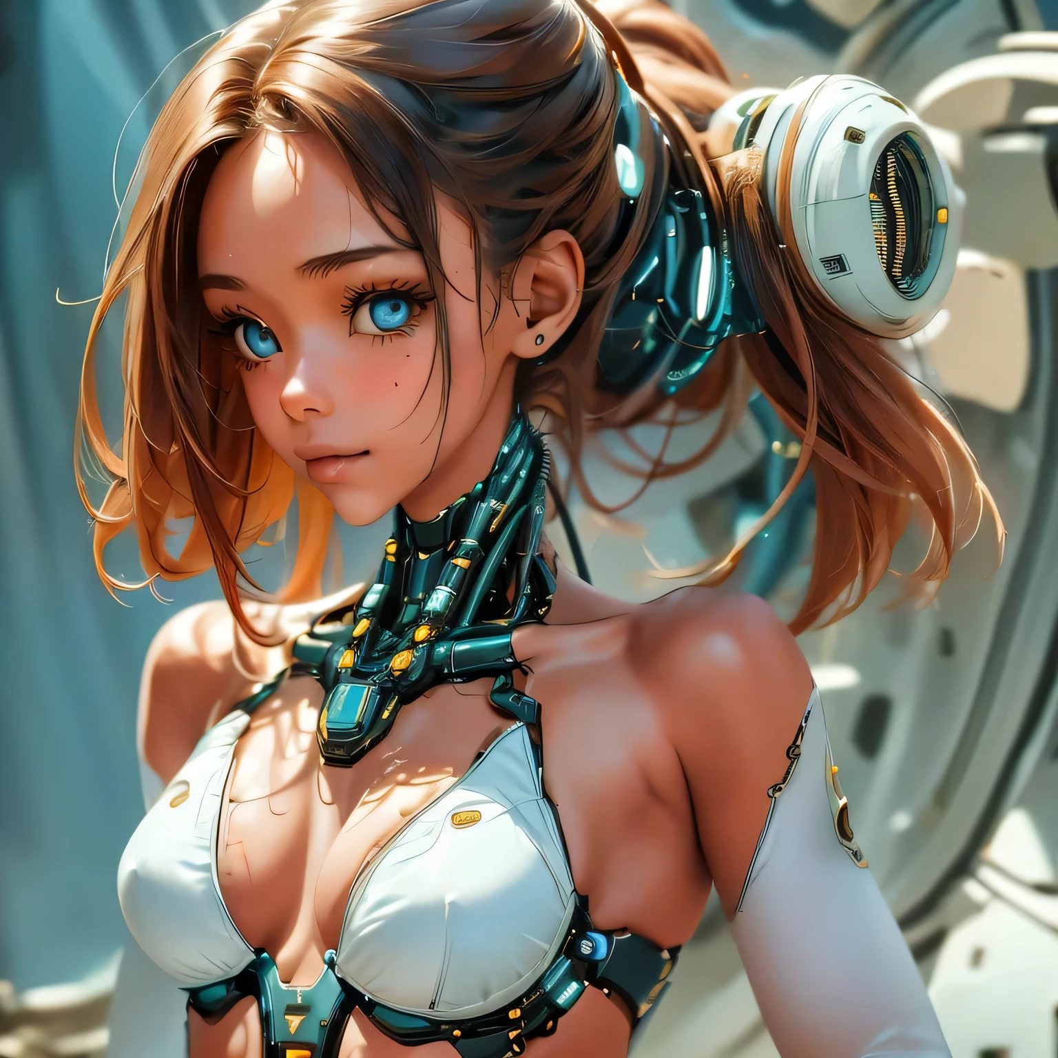 Generate a high-quality 8k image using advanced rendering techniques such as photon mapping, radiosity, and physical rendering with automatic white balance. The image should feature a beautiful, 18-year-old cyber punk girl with smooth, soft skin, visible pores, and a heart-shaped butt, which is a current trend in Brazil. She should have multiple cyborg implanted mechanical arms and a bionic face, with electricity effects visible. She is fit and attractive, with small breasts and nipples visible. She is wearing cotton micro lingerie with cotton panties or very short pajamas. The focus of the image should be her beautiful, symmetrical face with ultra-detailed eyes and the bikini line on tanned skin. She should have a smiling expression and pose in a sexy manner, looking directly at the viewer. The background should be a detailed sci-fi Cyber punk 2077 setting, rendered using CGI with Unreal Engine 5, but with a soft focus effect. The final artwork should not be based on a specific photograph, but should look realistic. The composition should evoke a sense of technology and high-quality craftsmanship, reminiscent of a masterpiece of illustration and CG art. The image should include elements of unity, wallpaper, and official art, with fine details, extreme delicacy, and beauty, presented in sharp focus with a high level of detail.