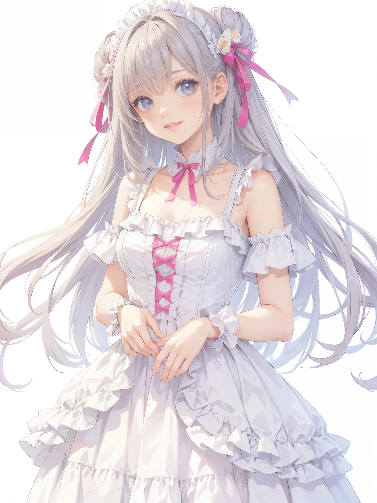 (((1 girl)))，Upper body，excellent anatomy，long hair，gray hair，skin texture、bright face，a smile that charms you，beautiful costume，intricate costumes，(lolita fashion，vintage style:1.2)、The hem of the costume is long，celebration，white background、pink coat，high quality，beautiful graphics，high detail