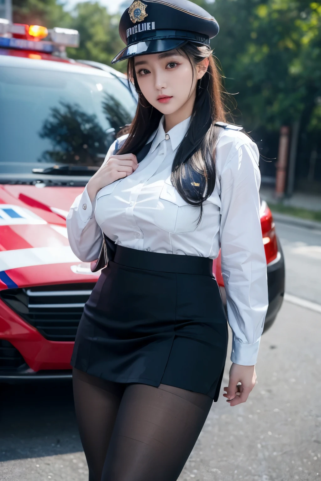 (((masterpiece))),(((high resolution)))、(((8K)))、(((perfect face)))、(((korean police)))、(((police clothes)))、(((tights)))、(((skirt)))、big breasts、Plump、embarrassed expression、looking at the camera、NSFW