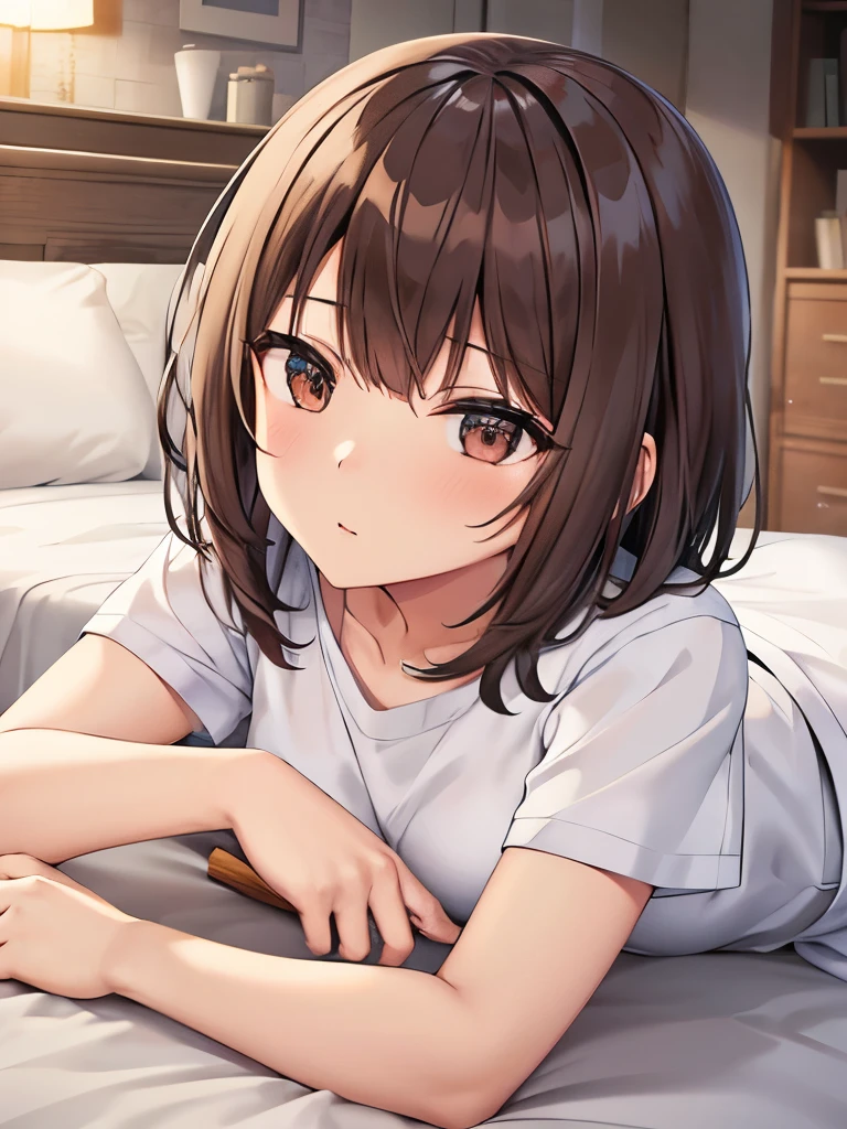 male, short brown hair, brown eyes, wearing a white shirt, lying on a bed