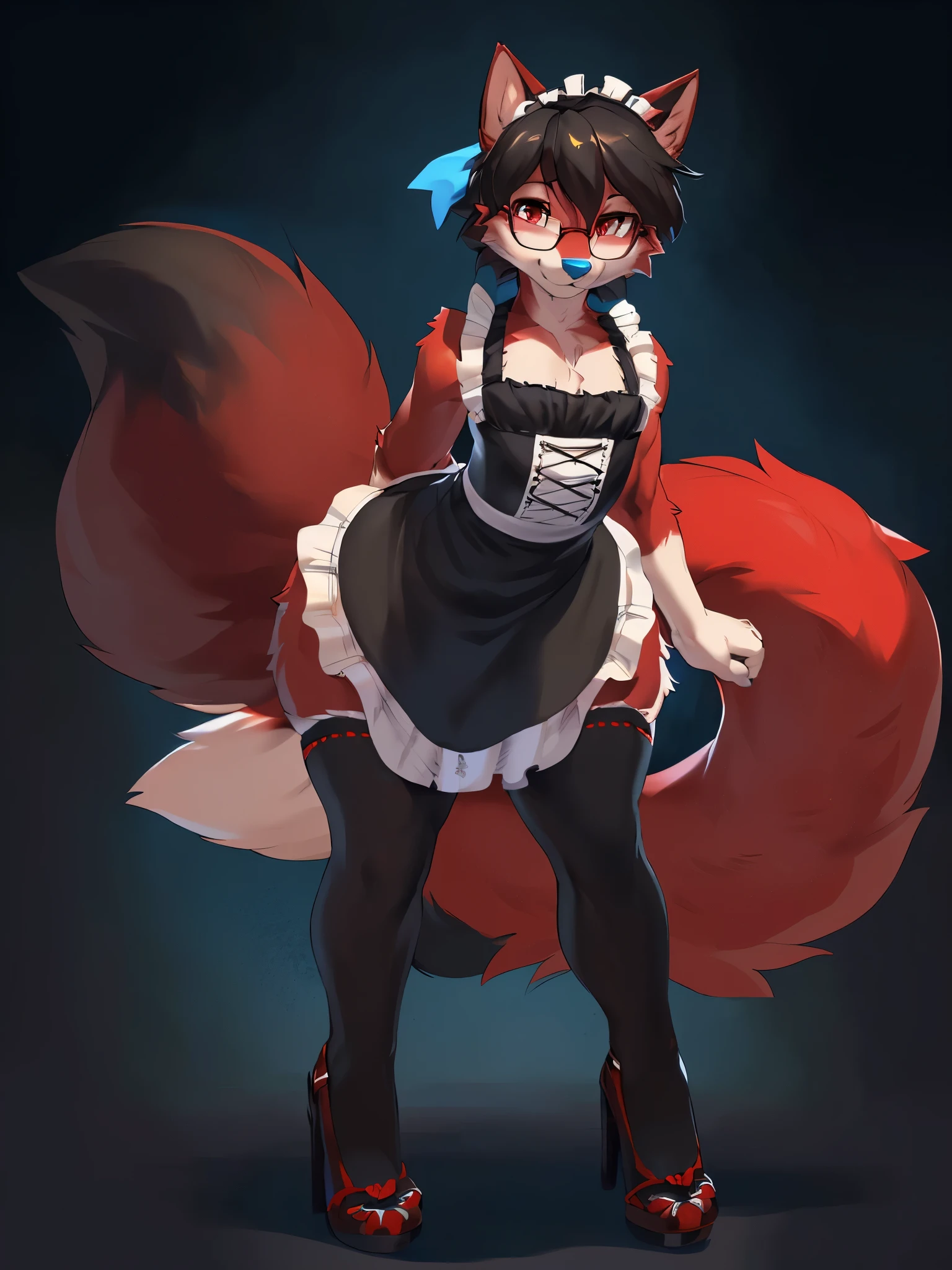 (solo:1.4), score_9, score_8_up, score_7_up, (slim, girly: 1.4) anthro red male (cat:1.4), (cat ears:1.5), (otter tail:1.4), (red fur:2.0), (red eyes:1.3), (black short hair:1.5), (small nose:1.1), (blue nose:1.3), by butterchalk, (by miyase mahiro: 0.8), (by zackary911:1.3), (by chunie:1.1, ((by darkgem:1.0)), (by taran fiddler:1.1), (by jay naylor, spectrumshift,iskra:1.2, syuro:1.0),(by hioshiru),(by Meesh),(by riska), (by re-sublimity-kun:0.9), (by oouna:1.2), (by squishy:1.0), (cheek tuft:1.2), (fluffy tail, feathered tail: 1.4), (glasses), (abstract background, dark background: 1.1), (blue nipples: 0.7), digitigrade, blue pawpads, (huge butt, thick thighs, wide hips: 1), french maid costume, stiletto high heel shoes, stockings, sissy, victorian maid, bows in hair