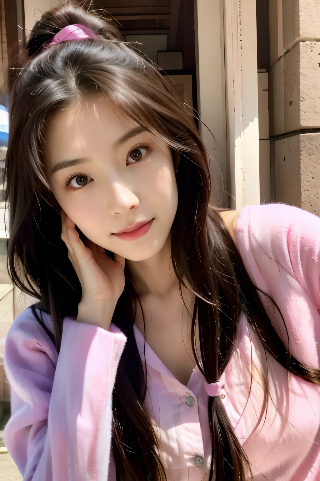 araffed asian woman with a pink shirt and a pink shirt, ulzzang, sakimichan, korean girl, xintong chen, beautiful south korean woman, gorgeous young korean woman, beautiful young korean woman, wan adorable korean face, young cute wan asian face, girl cute-fine-face, Yoshitomo Nara