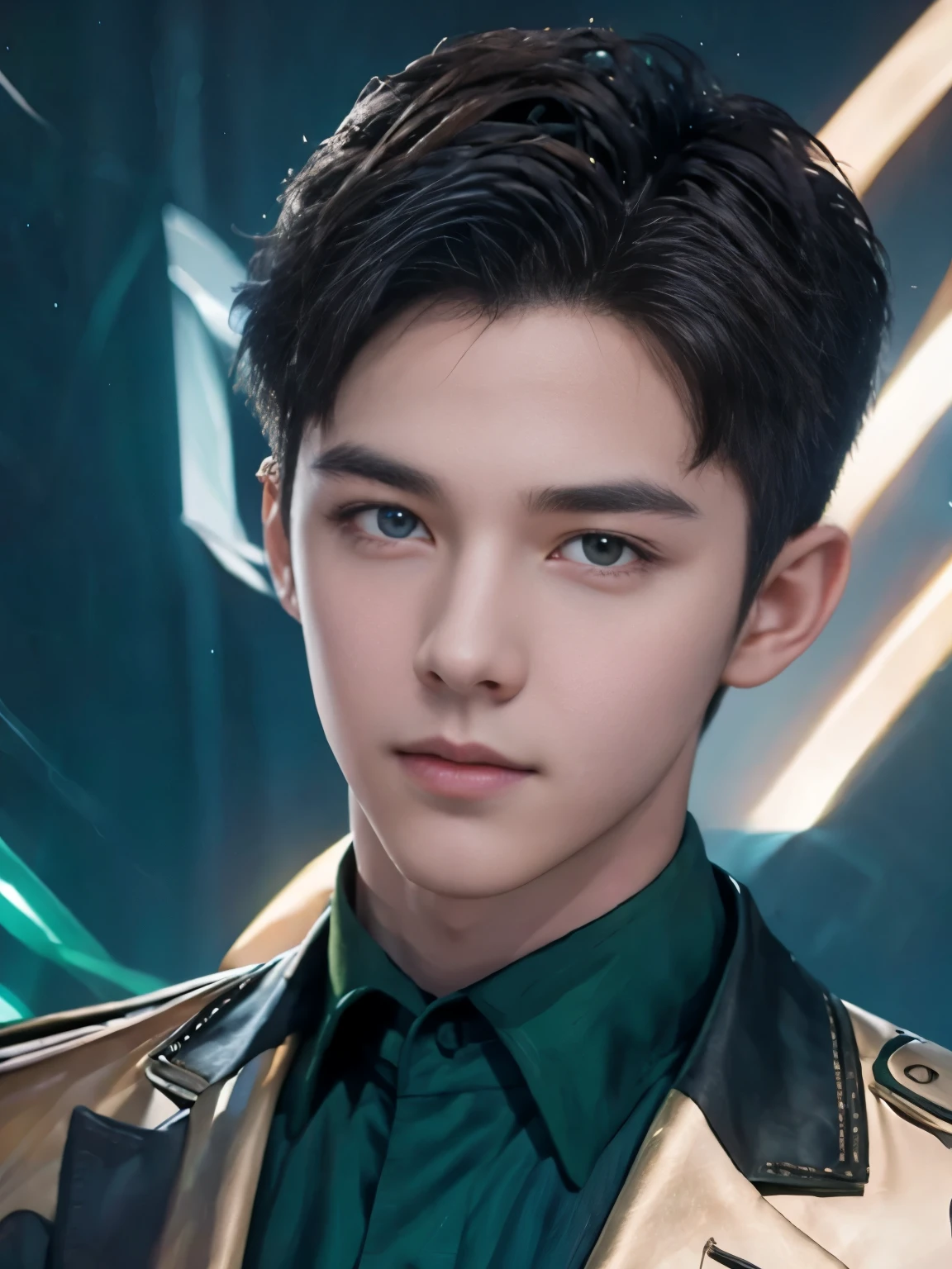 
The highest quality portrait of a young man, the lead singer of the group Exo. world famous pop star! Handsome guy . short brown hair, emerald eyes, mysterious. seductive smile!