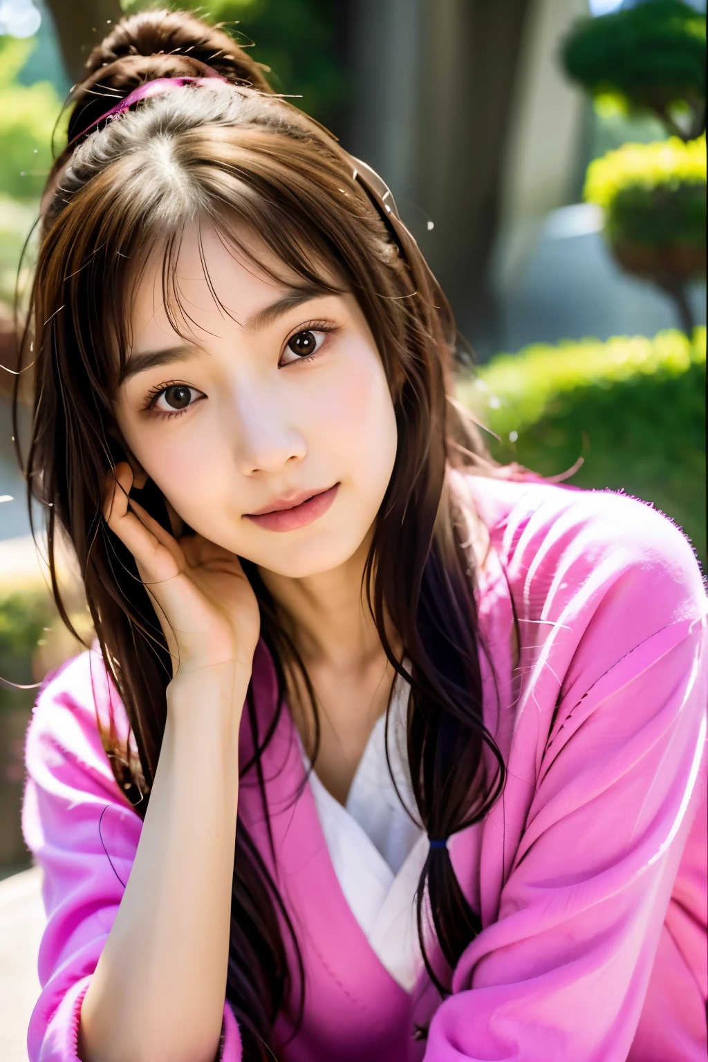 araffed asian woman with a pink shirt and a pink shirt, ulzzang, sakimichan, korean girl, xintong chen, beautiful south korean woman, gorgeous young korean woman, beautiful young korean woman, wan adorable korean face, young cute wan asian face, girl cute-fine-face, Yoshitomo Nara