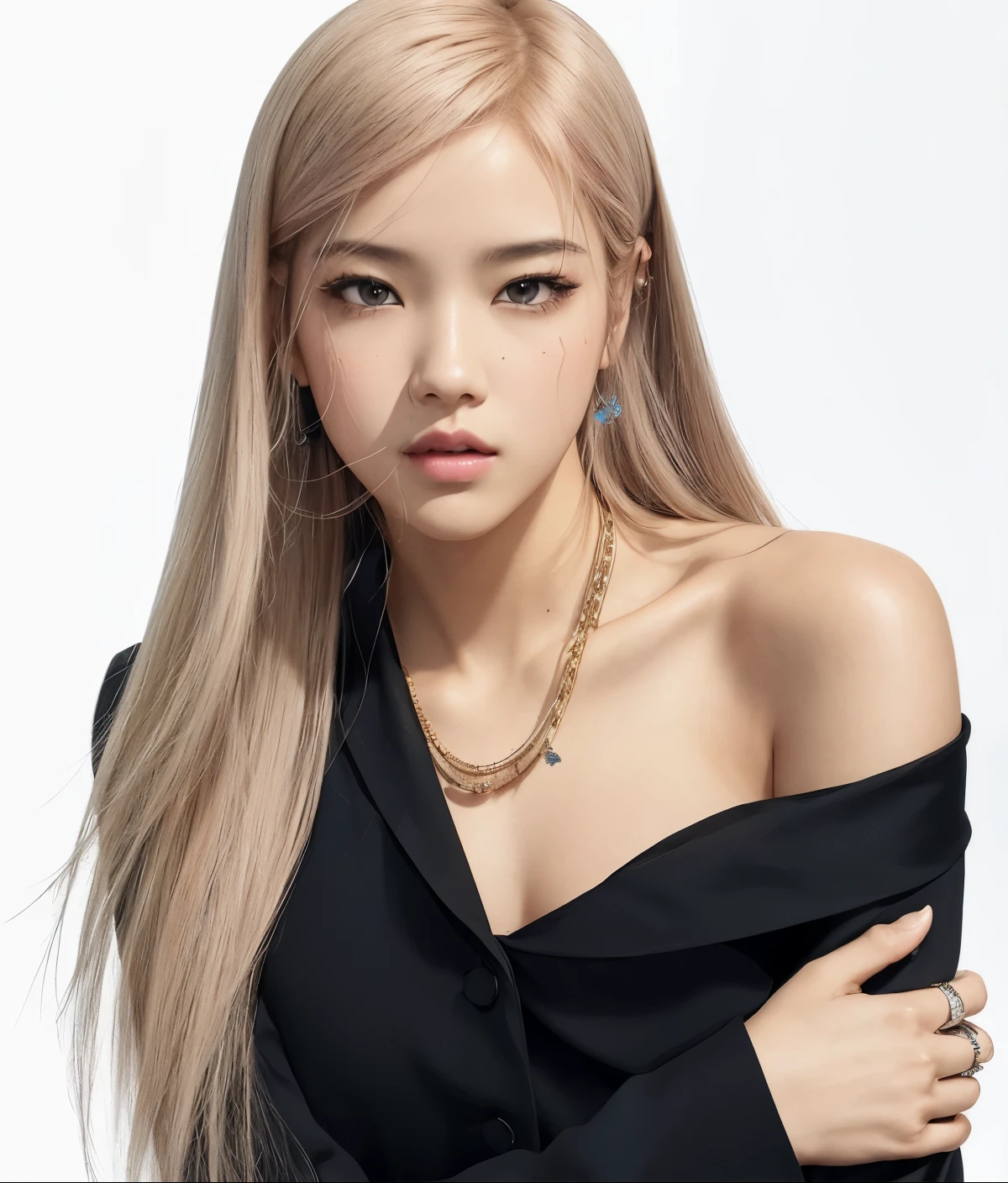 Blackpink Rosé with black hair, un ojo color azul y el otro negro, pecas, lunar en la parte izquierda de la bolsa del ojo, lunar arriba del labio superior al lado izquierdo.