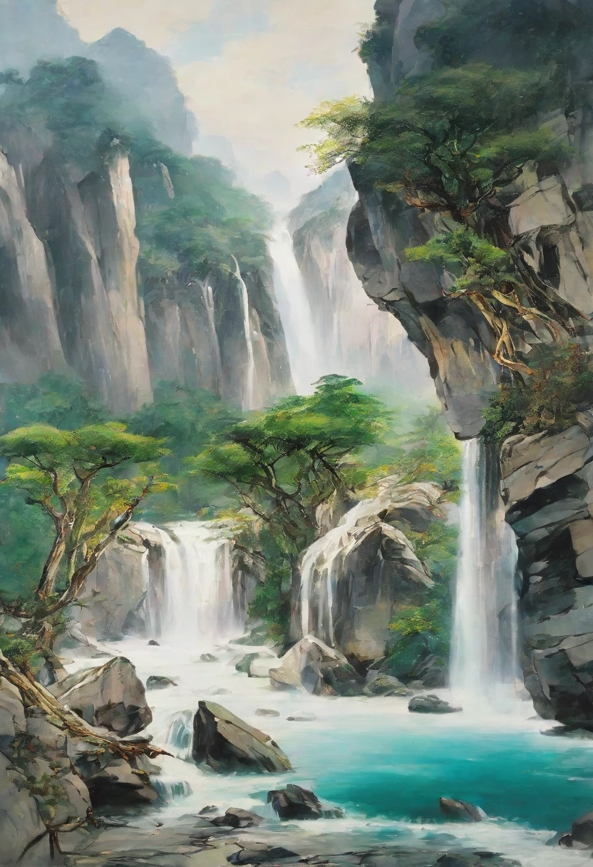 Depicts a Lushan landscape in the style of Wu Guanzhong，There is a wide and long waterfall flowing from the peak to the foot of the mountain in the middle of the mountain.，，Light blues and grays create an ethereal atmosphere，Verdant mountains and tranquil rivers are presented with delicate lines，Evoking a sense of timeless beauty and introspection。The melody of nature echoes in the air，Viewers are invited to immerse themselves in a tranquil journey。high definition。