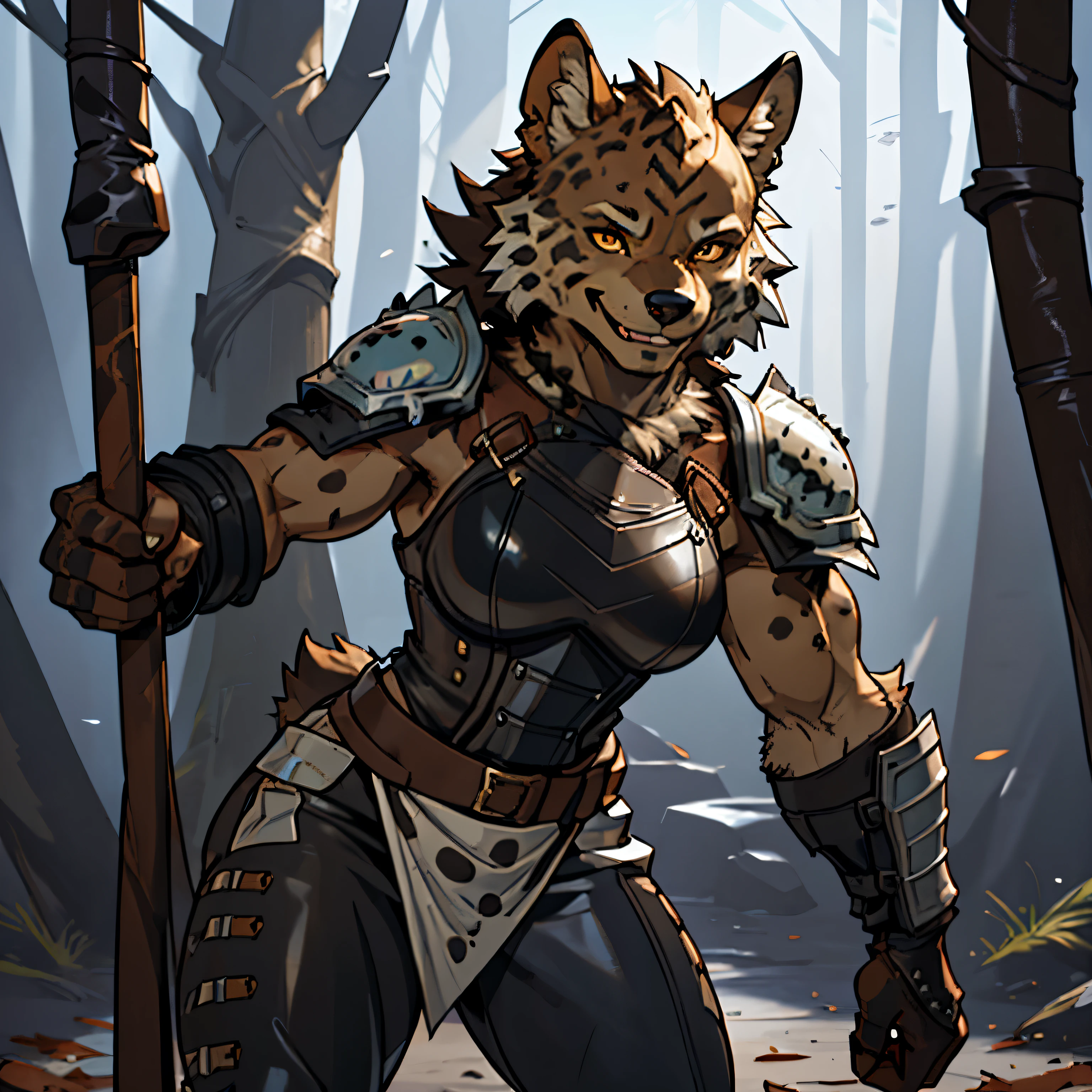 16k, HD, Professional, Highly Detailed, ((Masterpiece: 0.3)), (((High Quality))), Ultra-detailed face, Highly Detailed Lips, Detailed Eyes, full body, (((one subject))), gnoll female, leather armor, (fur(brown)((white spots))(black tips)), canine muzzle, wolf ears, muscles, smile, golden eyes, smile, whip, (leather pants(brown)), fur shoulder armor