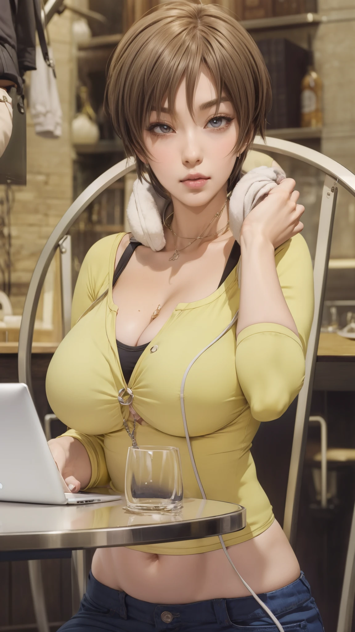 anime girl sitting at a table with a laptop and a phone, makoto, oppai, makoto shinka, seductive anime girl, shinkai makoto, nishimiya shouko, big breasts!!, attractive anime girl, anime woman, ecchi, big breasts!, shirobako, anya from spy x family, makoto kano, makoto shinkai style