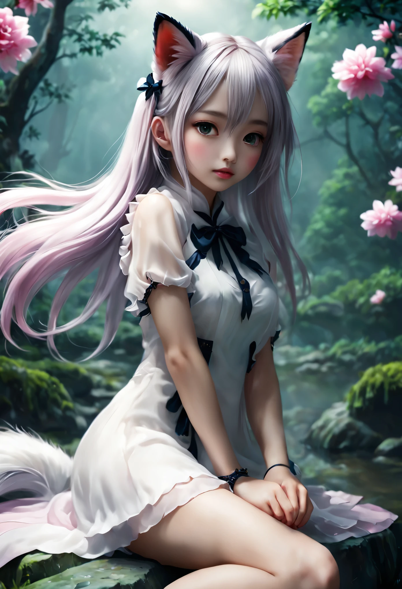 (((good fingers)))，Fox Goddess, beautiful girl, silk, cloud, fox tail, Miko clothing, pond, (Bokeh), Fantasy food, confinement, (ultra high resolution), 8k, human development report, (masterpiece) Notice：The content marked with parentheses is the emphasis part of the tag.。The following is the converted prompt： "Fox Goddess, 一个beautiful girl与 (Detailed and fascinating) Eye, (Sweet and charming) lips, And an extremely detailed face, Wearing silk Mikko clothing, Sitting on a moon-shaped stone in a mysterious forest. The sky above is filled with fluffy clouds, 森林倒映在寧靜的pond里. 女孩有一條雄偉的fox tail, This adds to her ethereal look. The scene is a (Soft and dreamy) Bokeh effect, Create a feeling of magic and wonder. This artwork was created in (ultra high resolution) with a resolution of 8k, Capture every intricate detail and enhance the visual experience. The image is brought to life with human development report technology, Highlight bright colors and (Real and immersive) atmosphere. This creation is indeed a (masterpiece) in the fantasy genre."