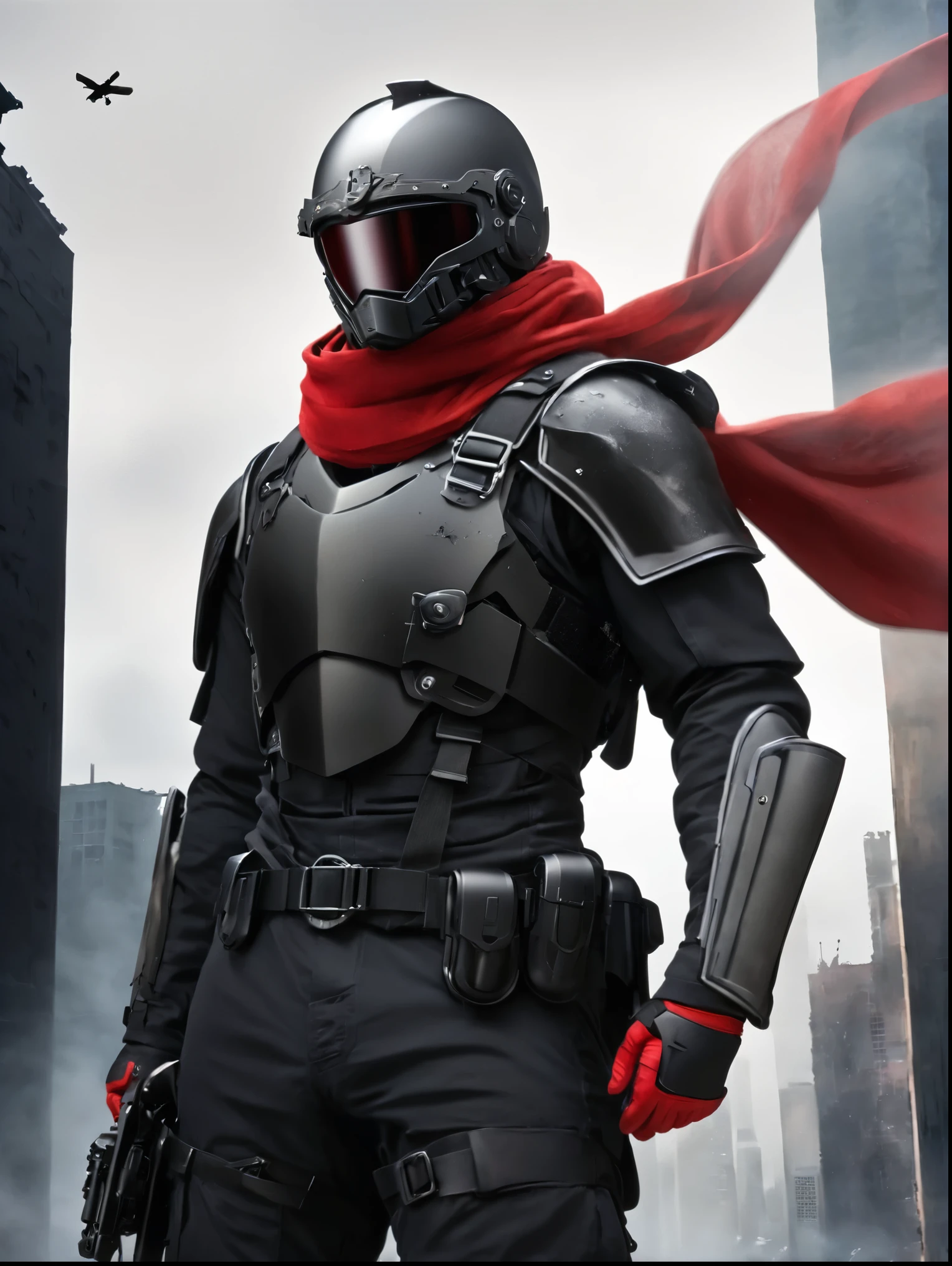 an adult male,Black Full Face Helmet,black bodyarmor,A battered red scarf is fluttering,heroism,hero,a city area,a cool pose,photorealistic,Equipped with a holster at the waist,Equipped with a silver syringe at the waist,have small scratches and stains all over one's body,the streets, a ruined city