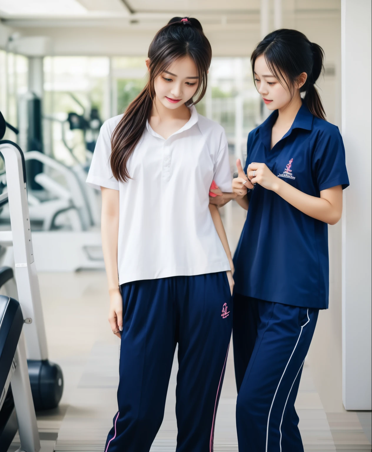 2 girls in fitness center, Blue short sleeve shirt,Sweatpantsขายาวสีกรมท่า,Sweatpants, Sweatpantsขายาว,25 year old girl, lesbian, sexy, exercise clothes, wet body, exercise clothes, exercise clothes