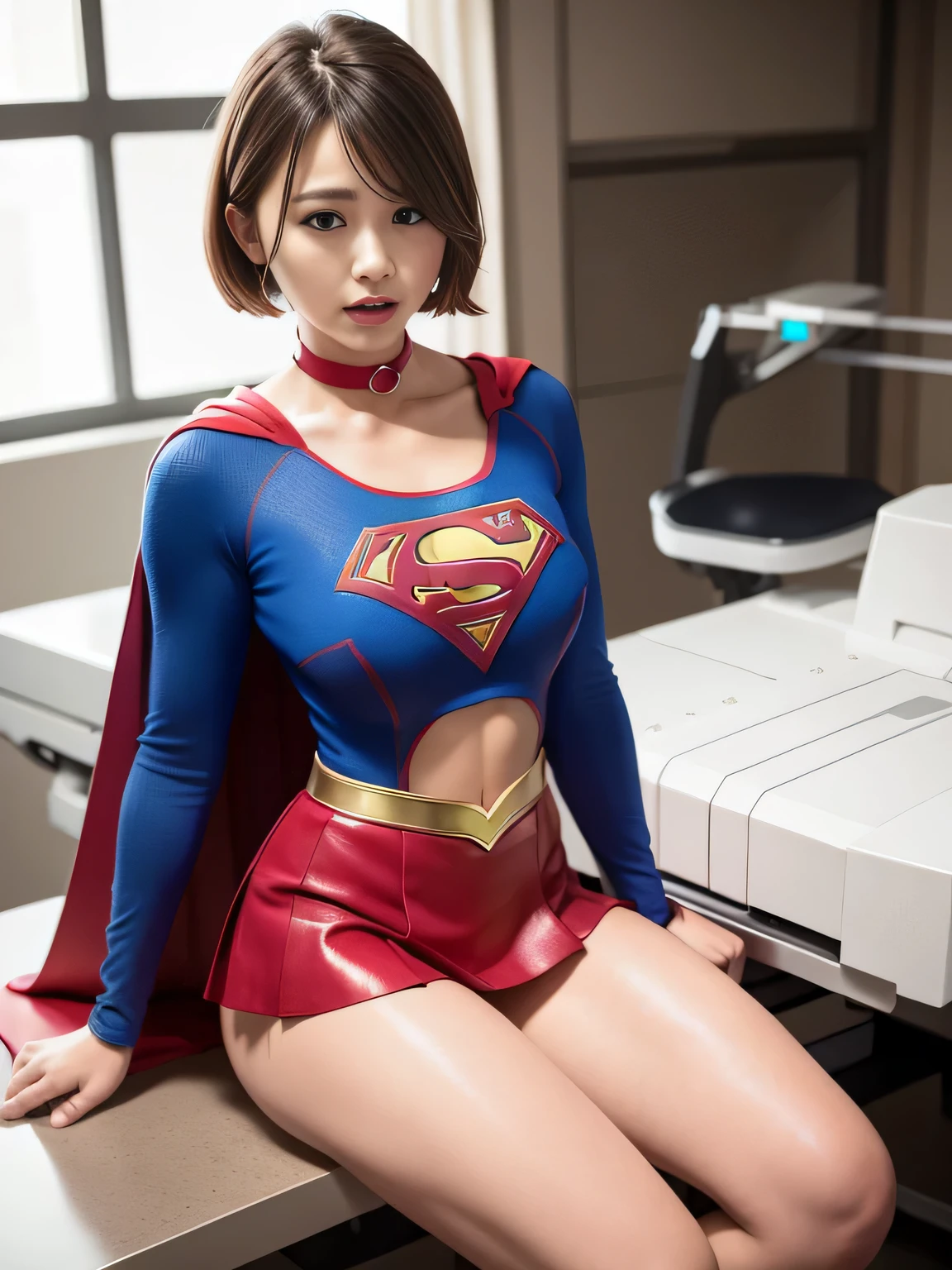 masterpiece、supergirl costume、short hair、barefoot, big and full breasts、operating room、operating table、straddle、damaged、shiny、look at the camera、choker、long sleeve、red mini skirt