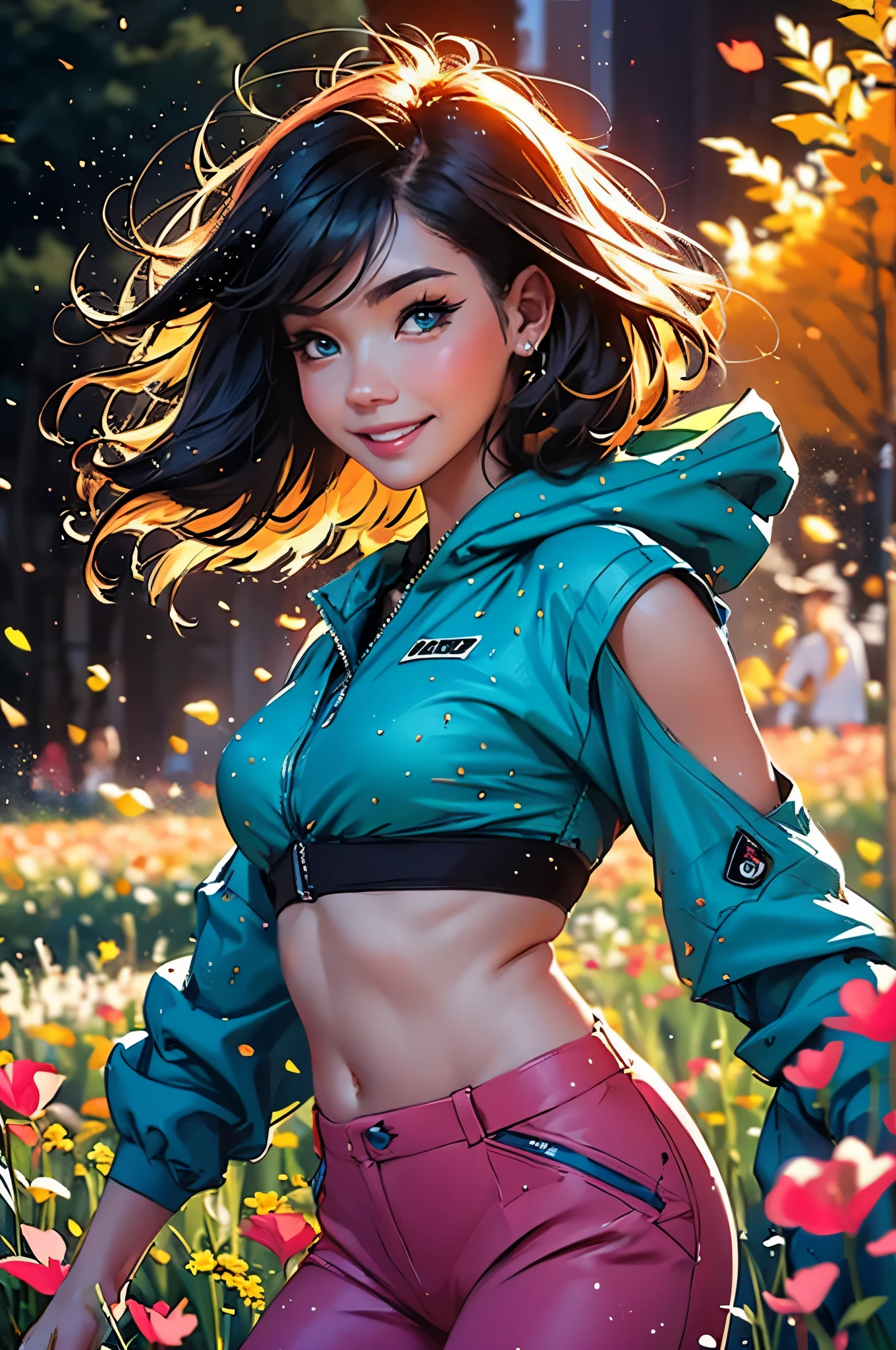 award winning digital art, half body portrait of a beautiful woman in a pink silk sleeveless shirt and cargo pants with navy blue teal hairstyle with head in motion and long hair flying, big smile, sparkling eyes, sexy, in a flower field, golden sunset, particles dust, glitter, paint splashes, splatter, outrun, vaporware, shaded flat illustration, digital art, trending on artstation, highly detailed, fine detail, intricate