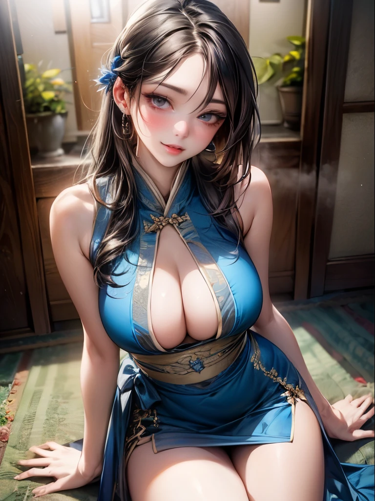 frontal view, very beautiful woman facing the viewer, traditional, photo realistic style, sexy sleeveless hanfu, white huge breasts, open cleavage, waist thin, adoring expression is the focus,