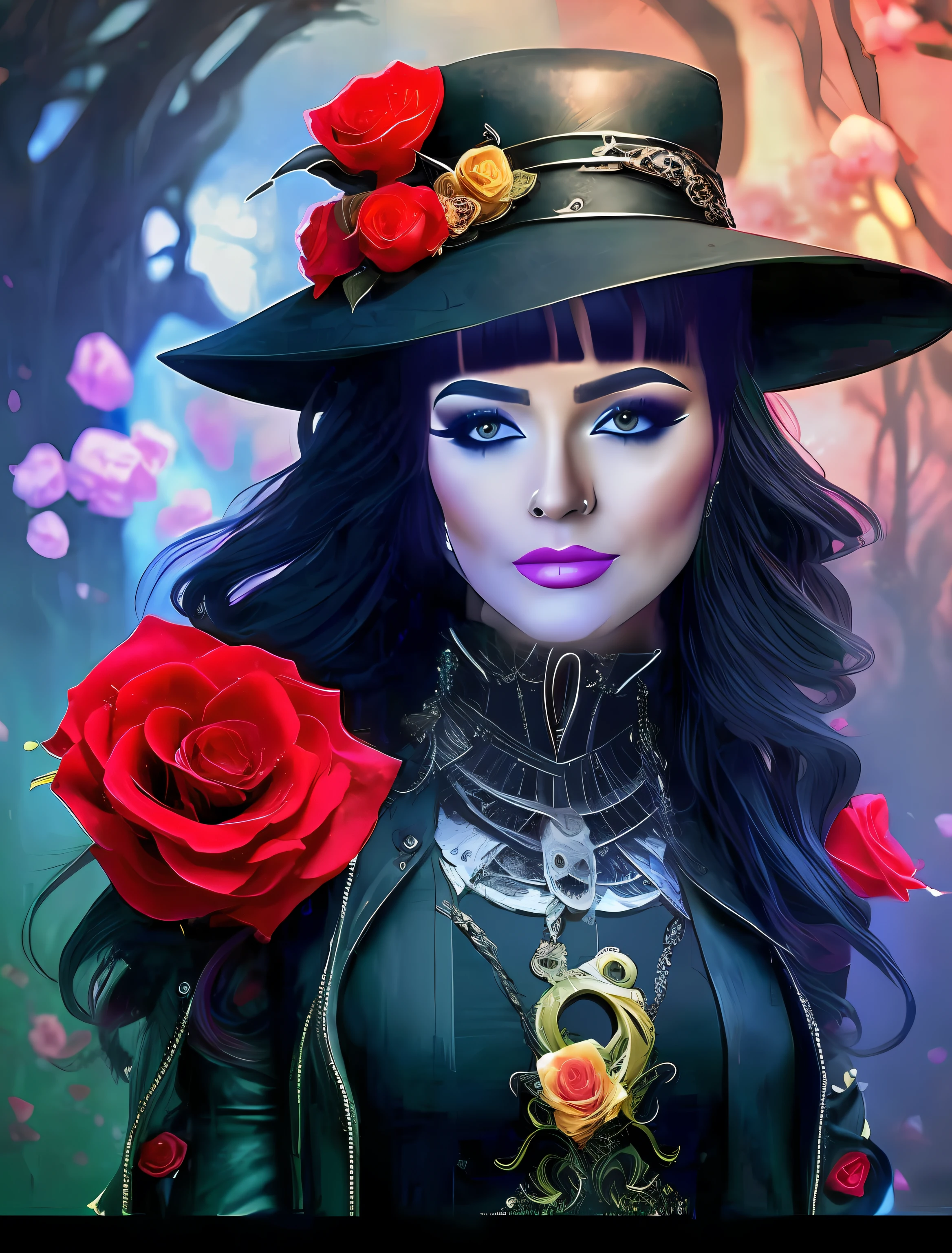 There is a woman in a hat and with a rose on her shoulder, beautiful witch female, She is the queen of black roses, fashionable dark witch, beautiful female witch, Beautiful sorceress, beautiful witch spooky female, gothic fantasy art, witch fairytale, portrait of a dark witch, gothic art style, classical witch, Beautiful cowboy witch, A beautiful necromancer