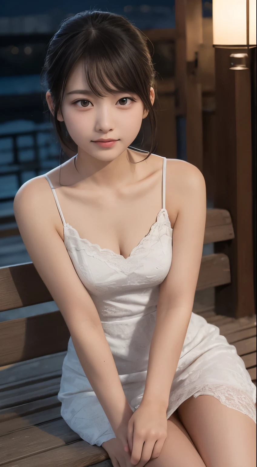 table top, highest quality, figure, super detailed, finely, High resolution, 8k wallpaper, 完璧なダイナミックな構figure, detailed and beautiful eyes, Women's Fashion Spring、medium hair,small breasts natural color lip,smile,Harajuku、20 year old girl、cute、sexy shot looking at camera,white sexy dress