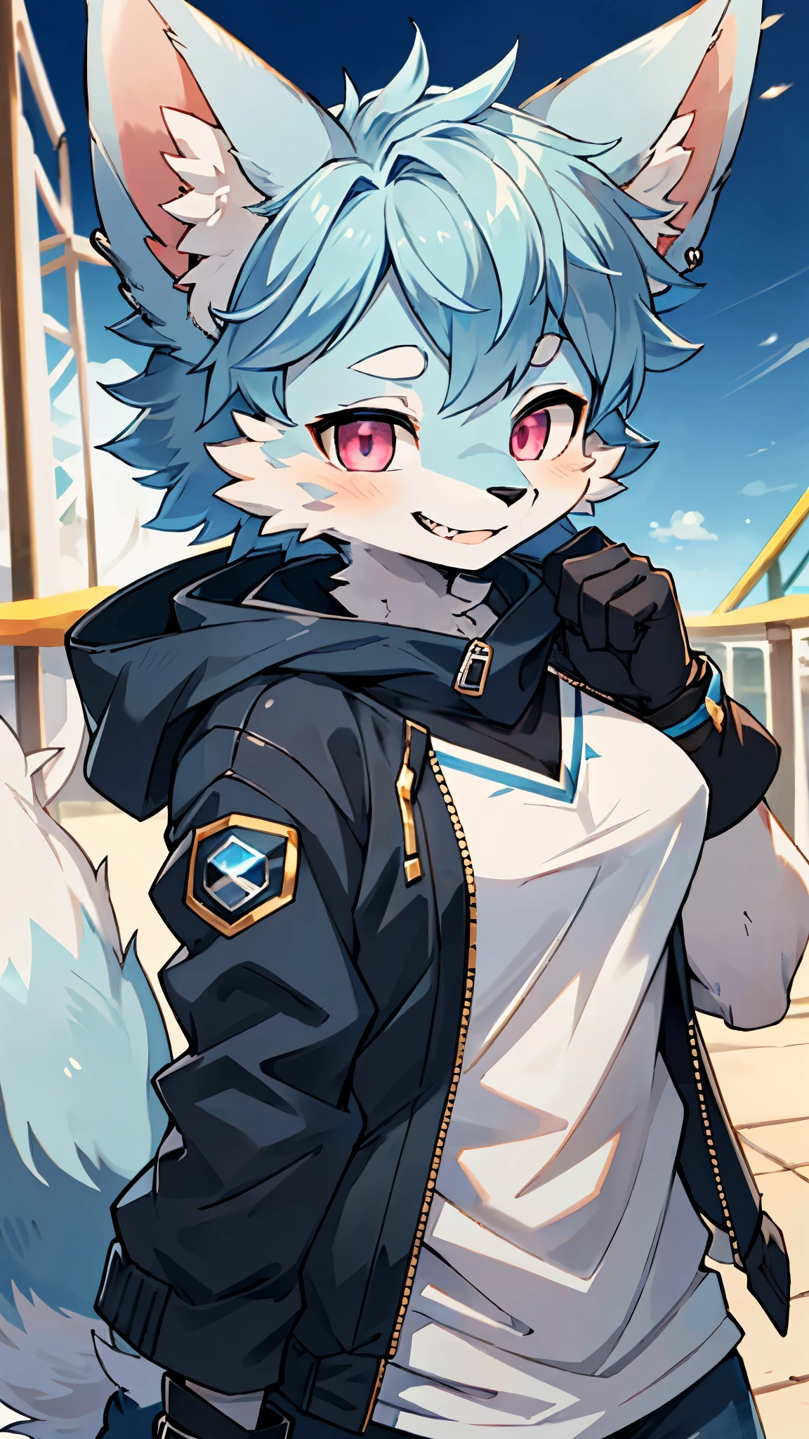 1 girl、(female wolf:1.5)、 (Light blue fur:1.3)、 (fluffy tail:1.2)、small breasts、pink eyes、grin、blue earing、Fluffy animal ears、riders jacket、black gloves、upper body close-up、((at the amusement park))