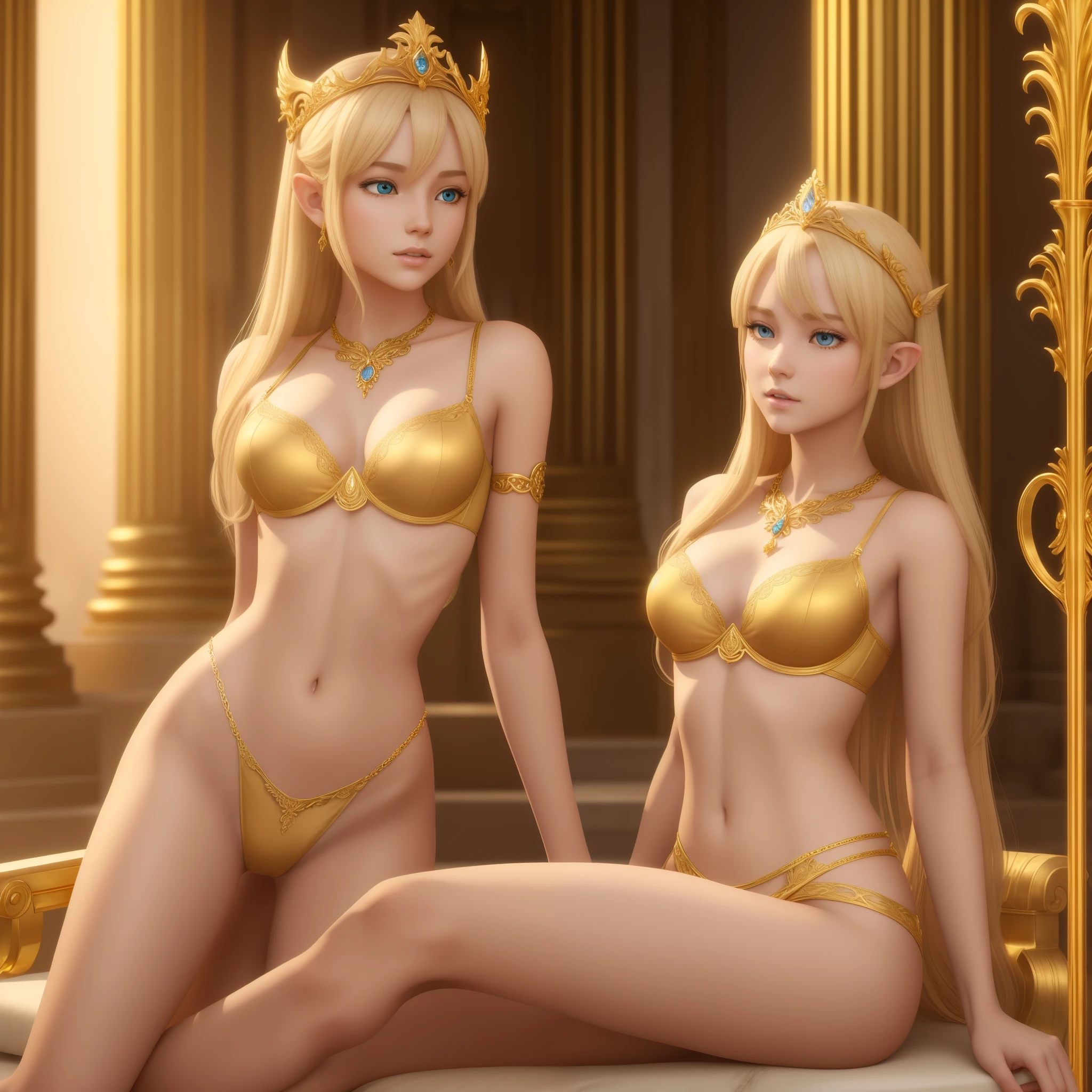 blonde adolescente elfe fille, golden lingerie, wearing a golden diadem with a scepter in her hand sitting on a white marble throne in a stone palace, Image 3D réaliste et artistique, White clothes, Draps, fine clothing, ventre nu, Cuisses nues, Saphirs, ornate elven jewelry, Delicate golden chains, masterpiece, 8k, sex slaves, bigger tits, kissing, lesbian kiss, kissing each other,