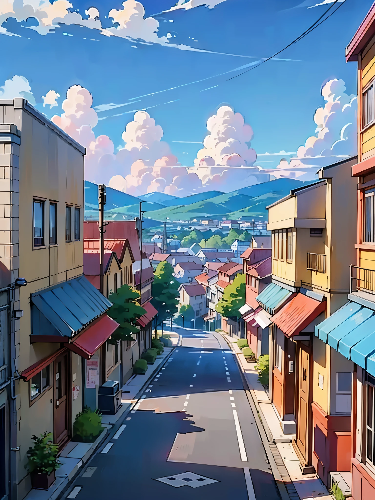 Anime-style street scene，A woman walks down the street, anime style cityscape, Anime background art, Small town background, hd anime cityscape, anime backgrounds, Anime style 4k, streets background, Downtown background, Anime landscapes, anime movie backgrounds, style of anime. 8K, Anime countryside landscape, Anime landscape concept art, Small town, Anime landscapes, beautiful anime scenery, no people