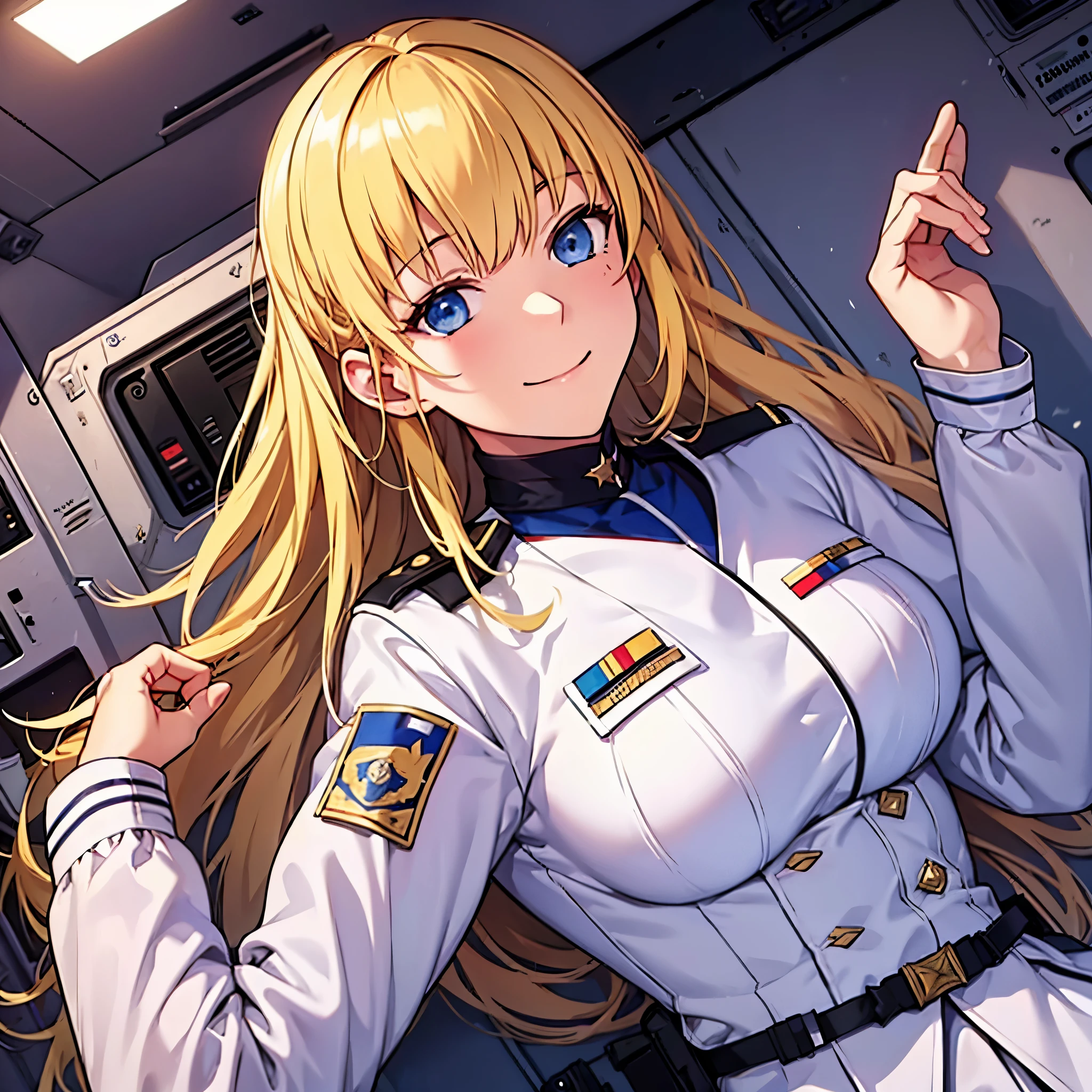 a woman in white military clothing, in a military room, long blonde hair, blue eyes, smiling
