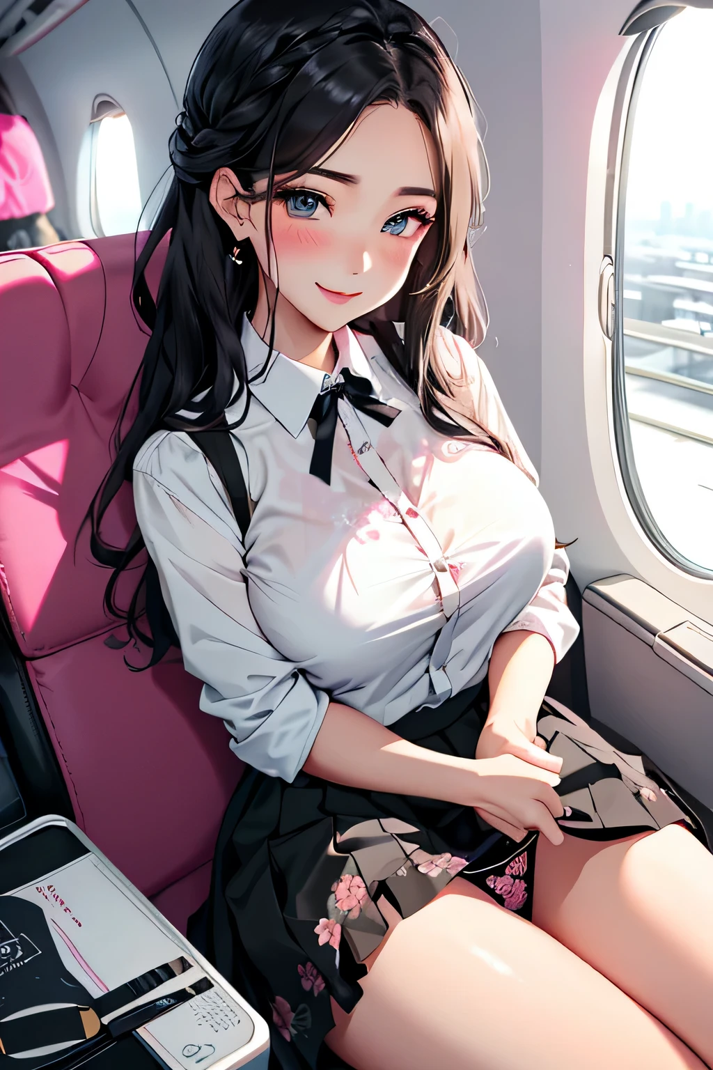 highest quality、High resolution、detailed background、beautiful and detailed face、beautiful and smooth skin、skin texture、Beautiful girl in her 20s、(two beautiful girls:1.5)、(huge breasts:1.3)、(with a happy expression on her face, She lifts up her skirt and shows me her panties.:1.5)、emphasize the chest、emphasize cleavage、pink and black floral embroidery bra、pink and black floral embroidery panties、braided hairstyles、(Inside the plane、in flight、flight attendant uniform)、Providing food and drinks、Accommodating special dietary requirements.、sexual expression、panty shot、cute、camel toe