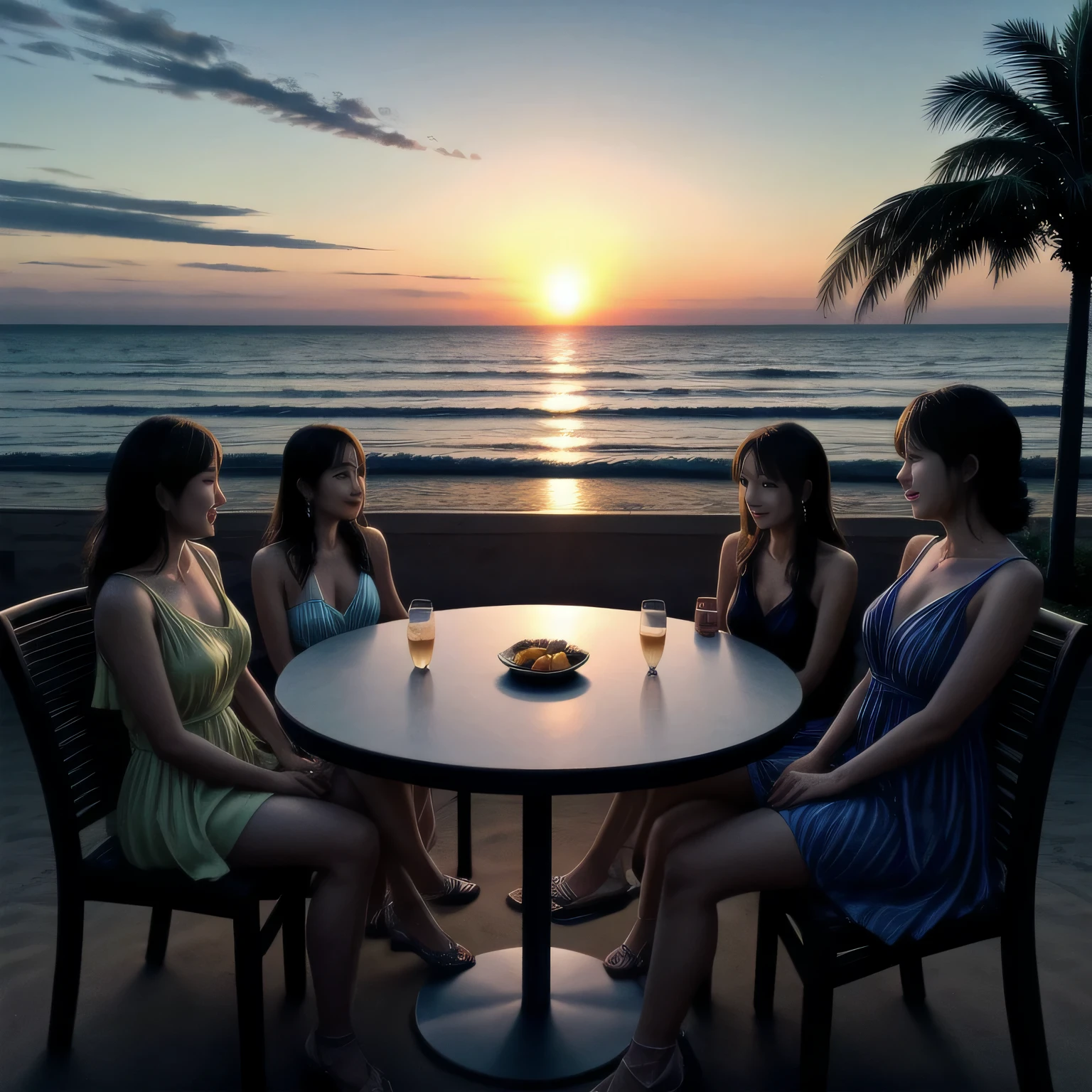 Five beautiful women wearing resort dresses are sitting on chairs by the sea.、profiter d'a party on the beach。Sur la table se trouvent des plats délicieux, colorful cocktails, et du vin mousseux.。Beau ciel coucher de soleil。Le soleil se couche dans la mer。