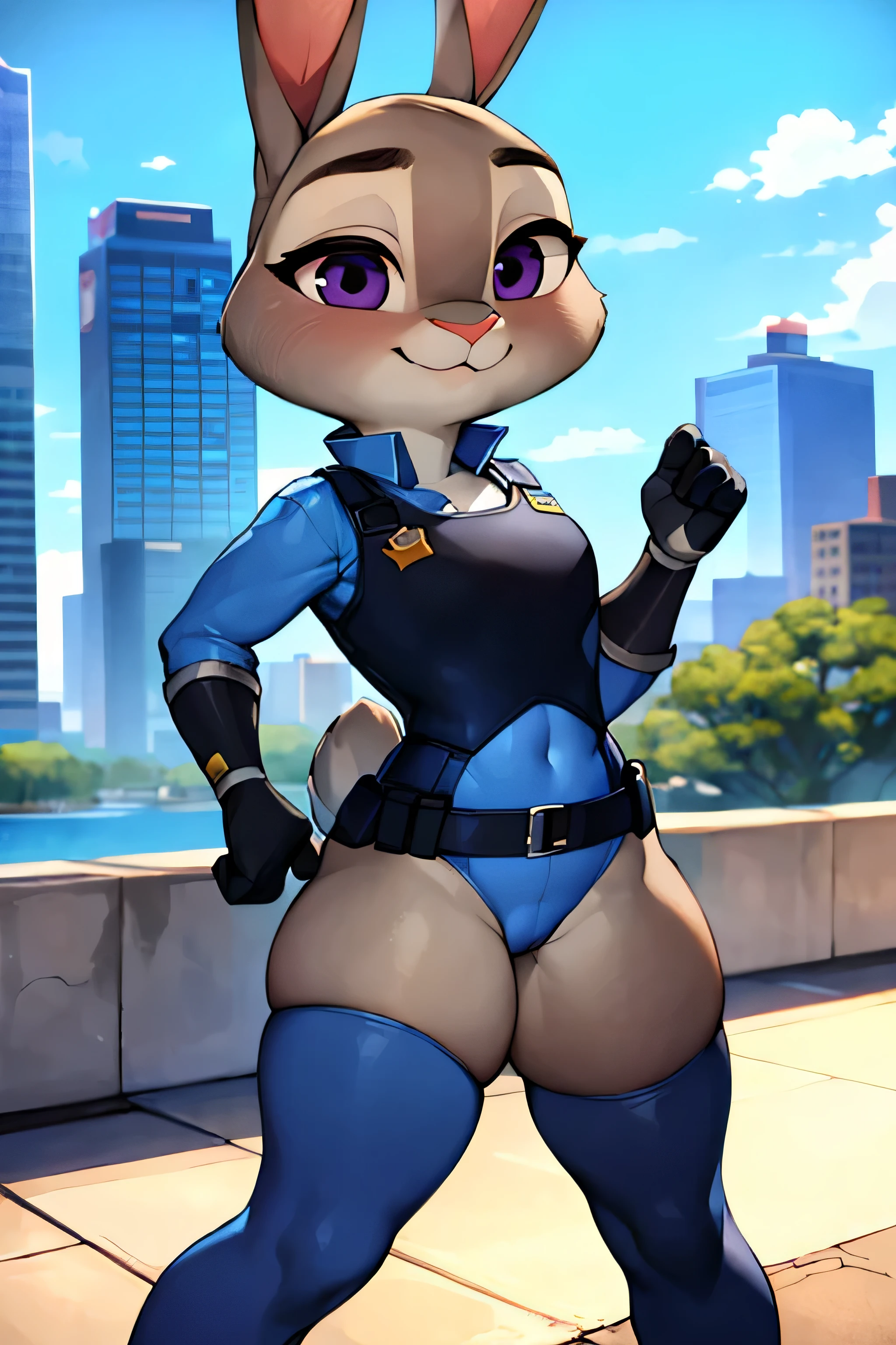 best quality, masterpiece, solo, 1girl, JudyHopps, police uniform,City, modern city, no pants, kid judy