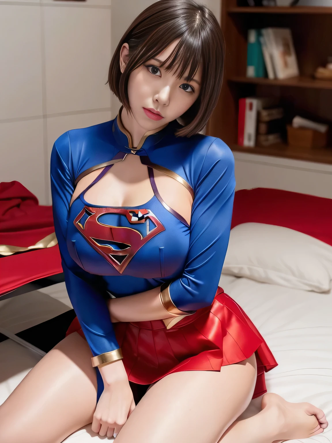 masterpiece、supergirl costume、short hair、barefoot、big and full breasts、operating room、operating table、straddle、damaged、shiny、looking at camera、Seduce、Estrus、Cowgirl、Trance、long sleeve、red mini skirt、