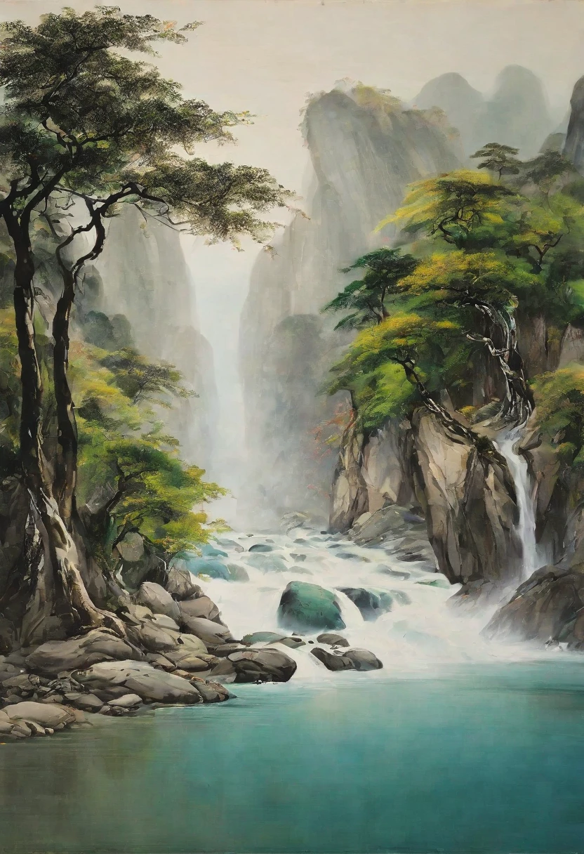 Depicts a Lushan landscape in the style of Wu Guanzhong,There is a wide and long waterfall on the mountain in the middle, flowing from the very high mountain to the foot of the mountain.,,Light blues and grays create an ethereal atmosphere,Verdant mountains and tranquil rivers are presented with delicate lines,Evoking a sense of timeless beauty and introspection。The melody of nature echoes in the air,Viewers are invited to immerse themselves in a tranquil journey。high definition。